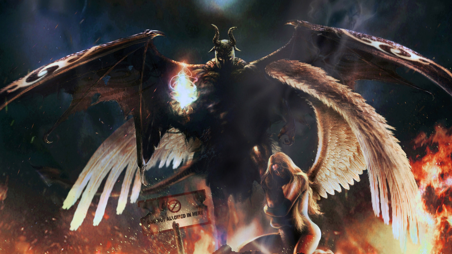 Demonic creature with wings and a kneeling figure HD Wallpaper