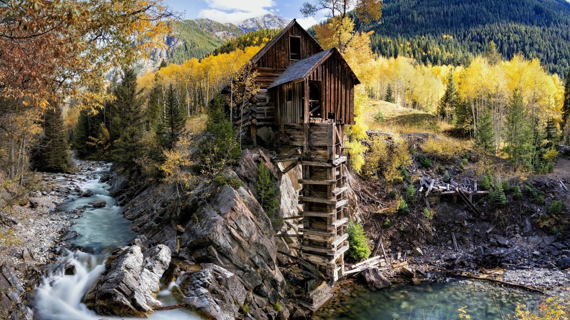Crystal Mill in a forest with a river HD Wallpaper
