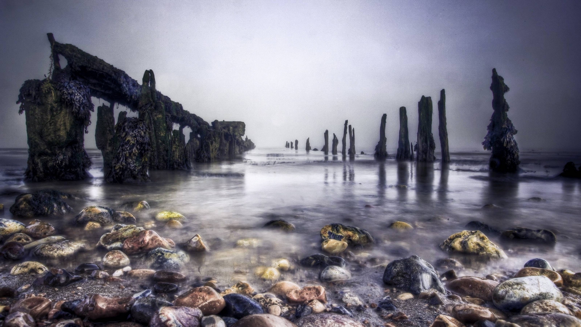 Ocean beach with weathered wooden posts and rocks HD Wallpaper