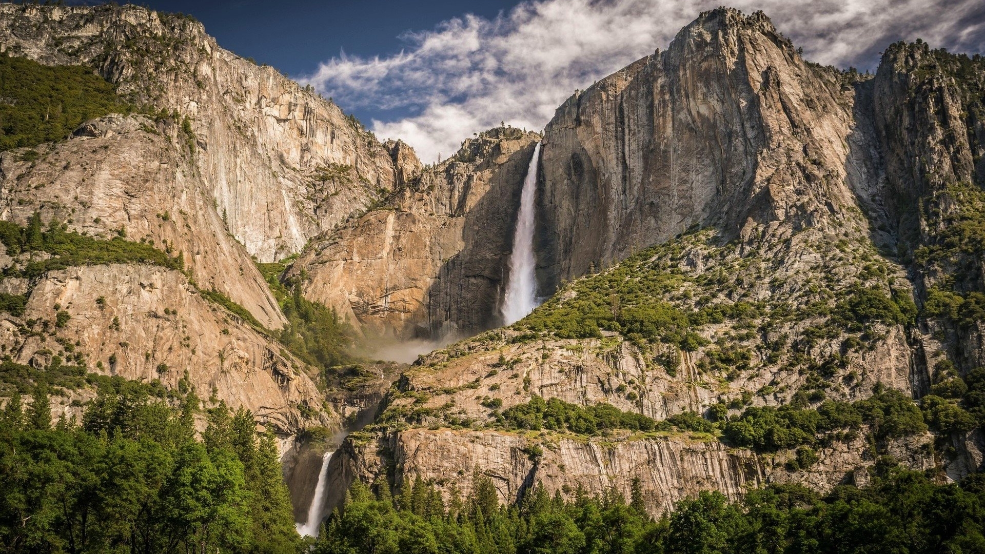 Yosemite National Park waterfalls and cliffs HD Wallpaper
