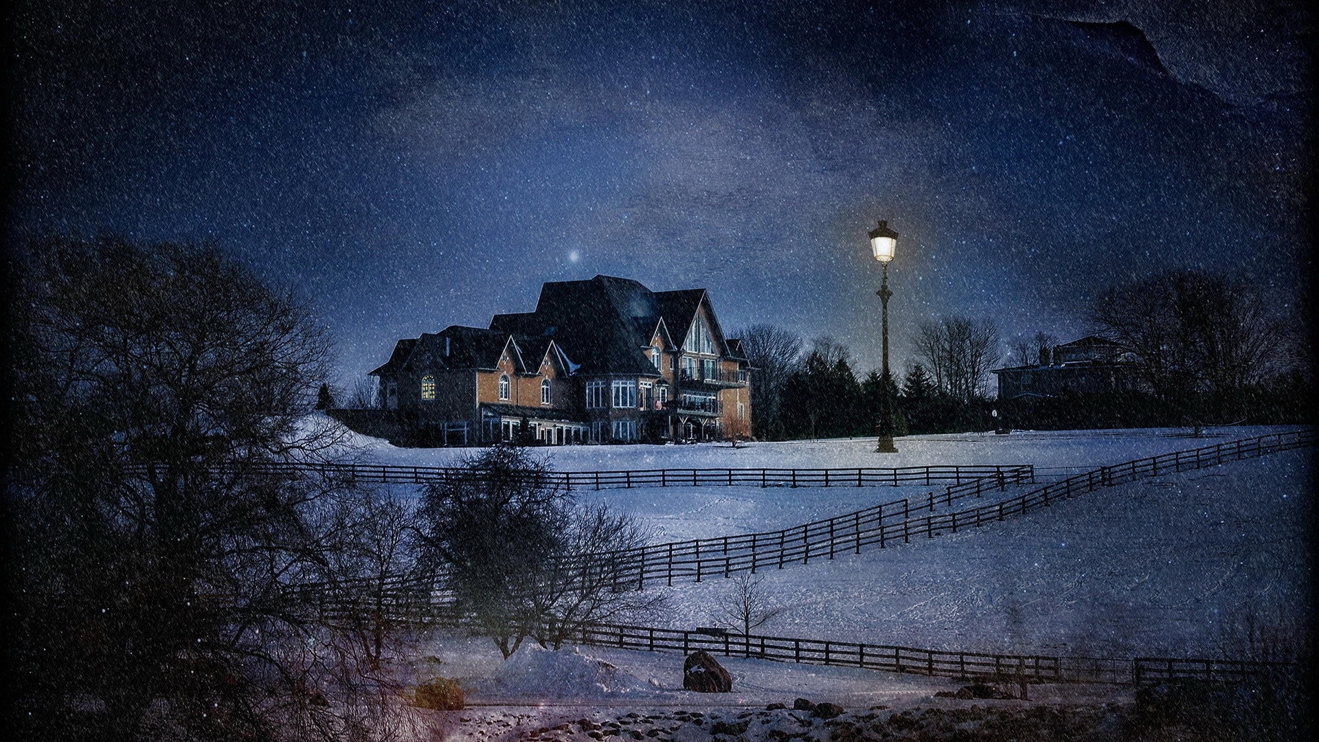 Winter Night with Cozy Houses and Starry Sky HD Wallpaper