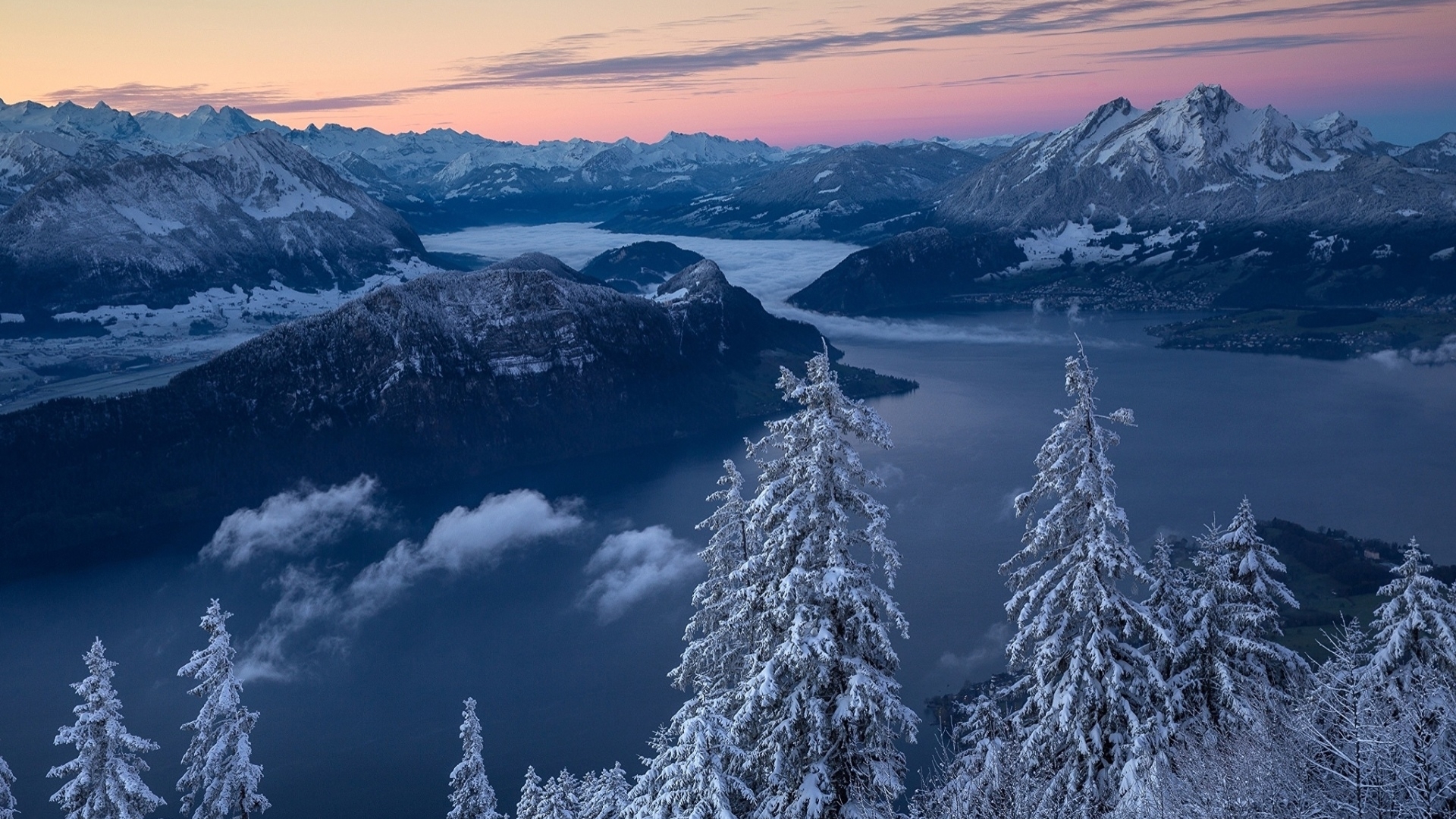 Snow-covered mountains and lake at sunrise HD Wallpaper