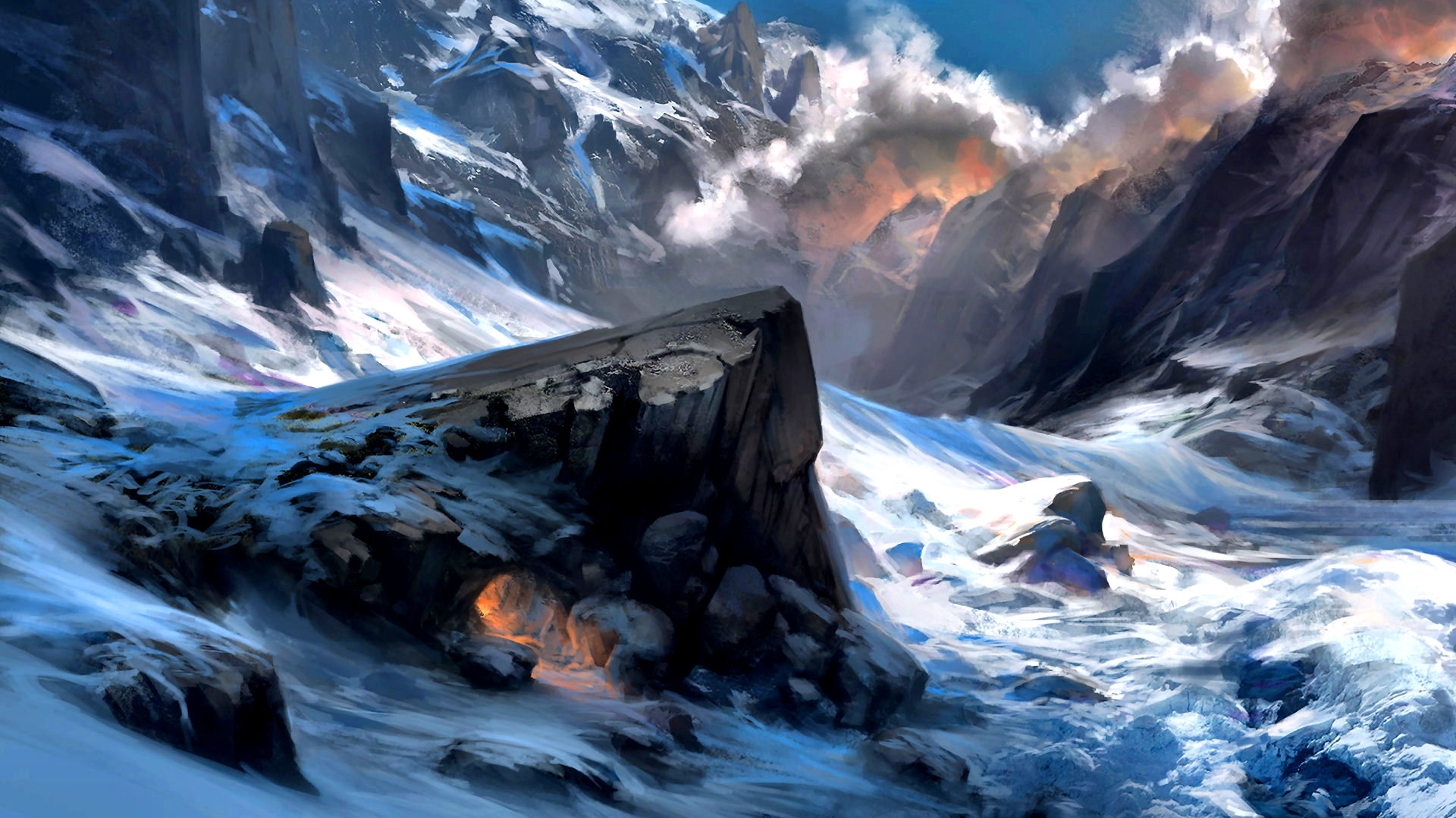 Snowy Mountain Landscape with Glowing Cave HD Wallpaper