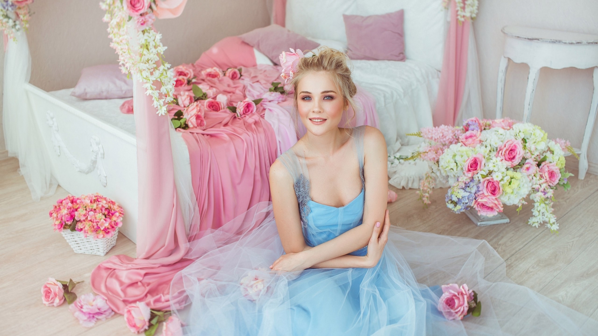 Woman in blue dress with flowers HD Wallpaper