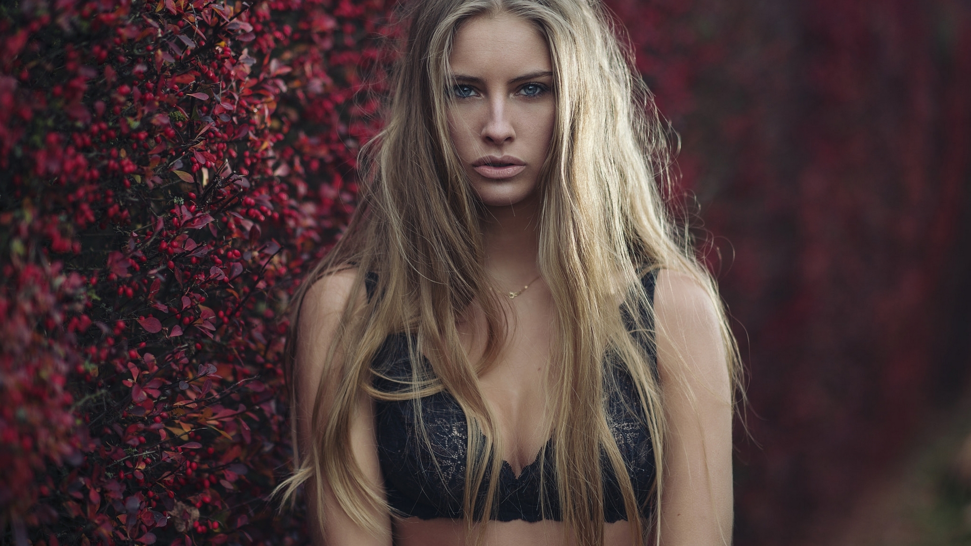 Blonde Woman in Black Lace Top Against Red Foliage HD Wallpaper