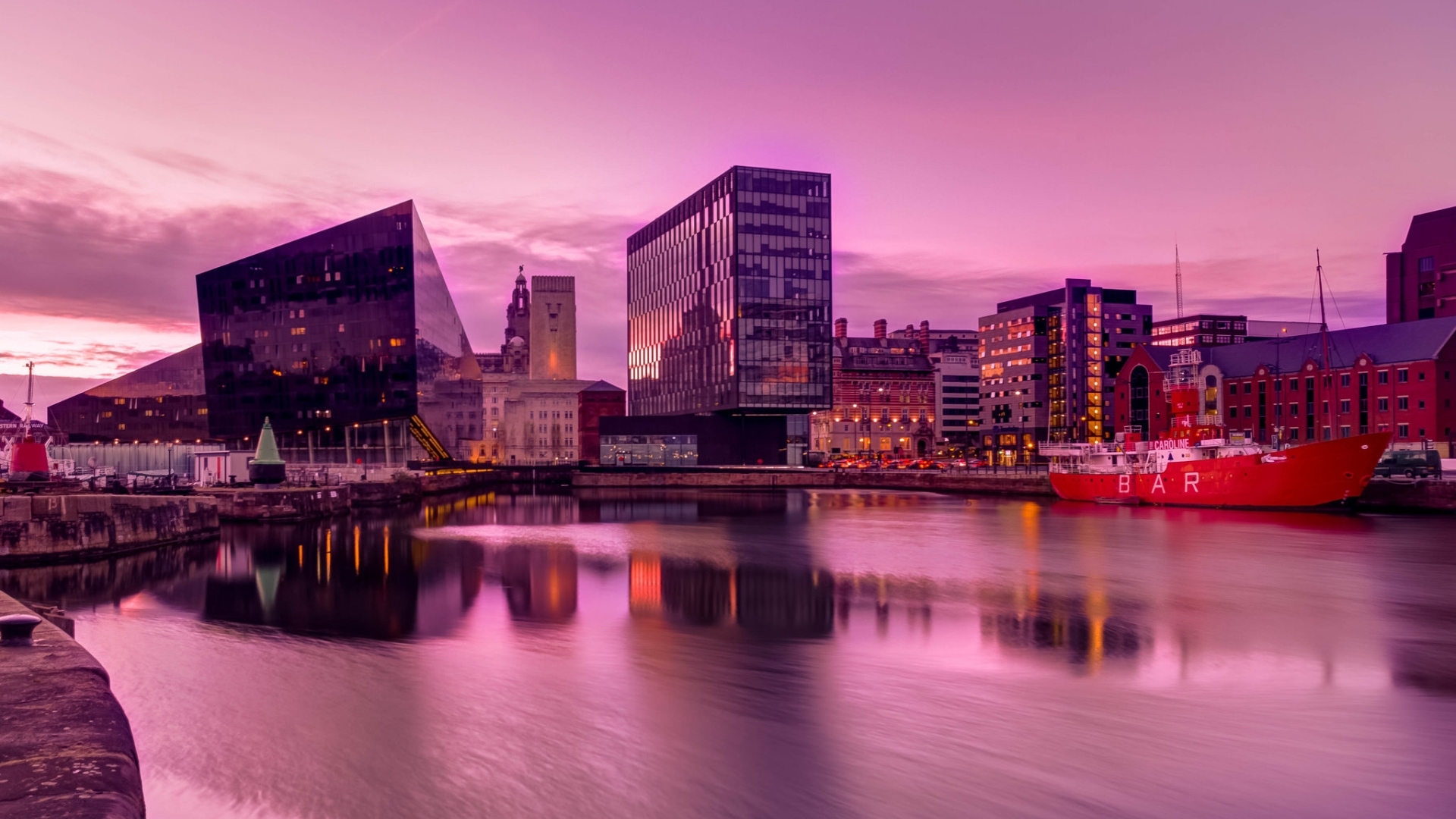 Liverpool waterfront at sunset with modern architecture HD Wallpaper