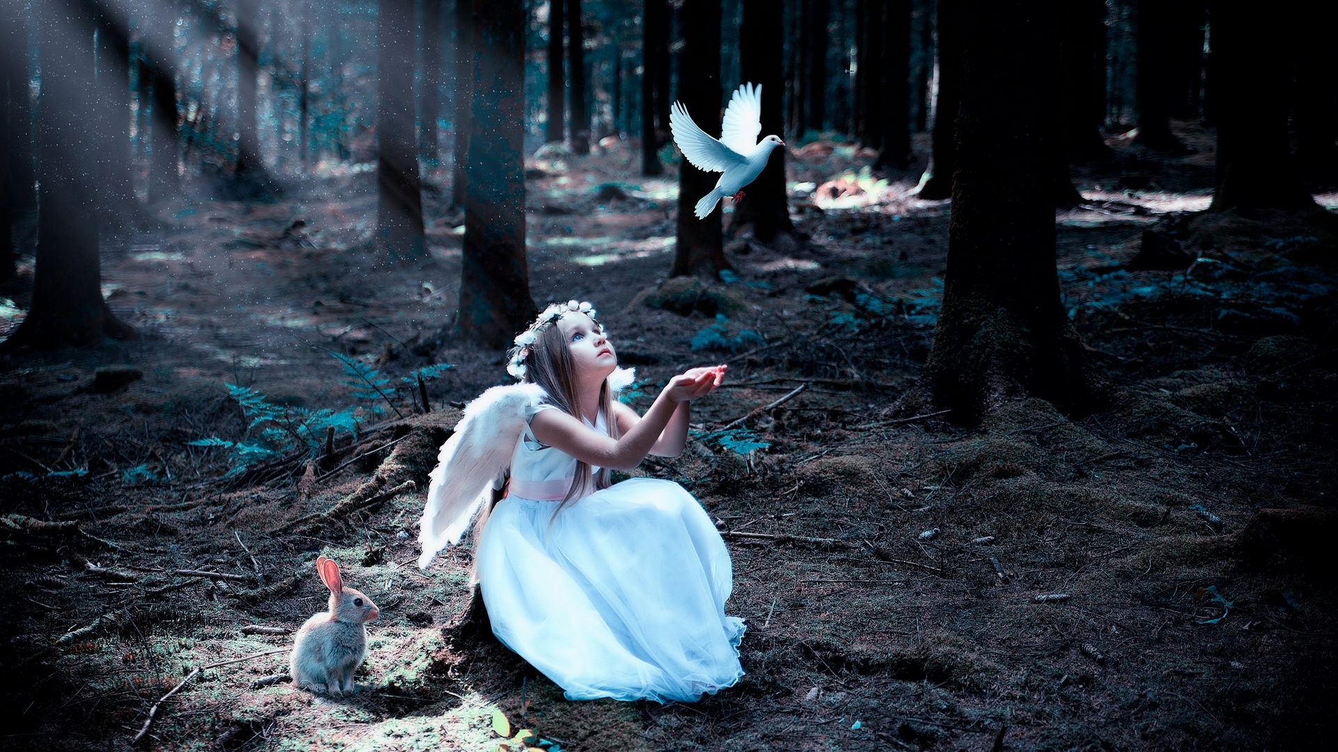 Angel Girl with Wings and Bunny in Mystical Forest HD Wallpaper