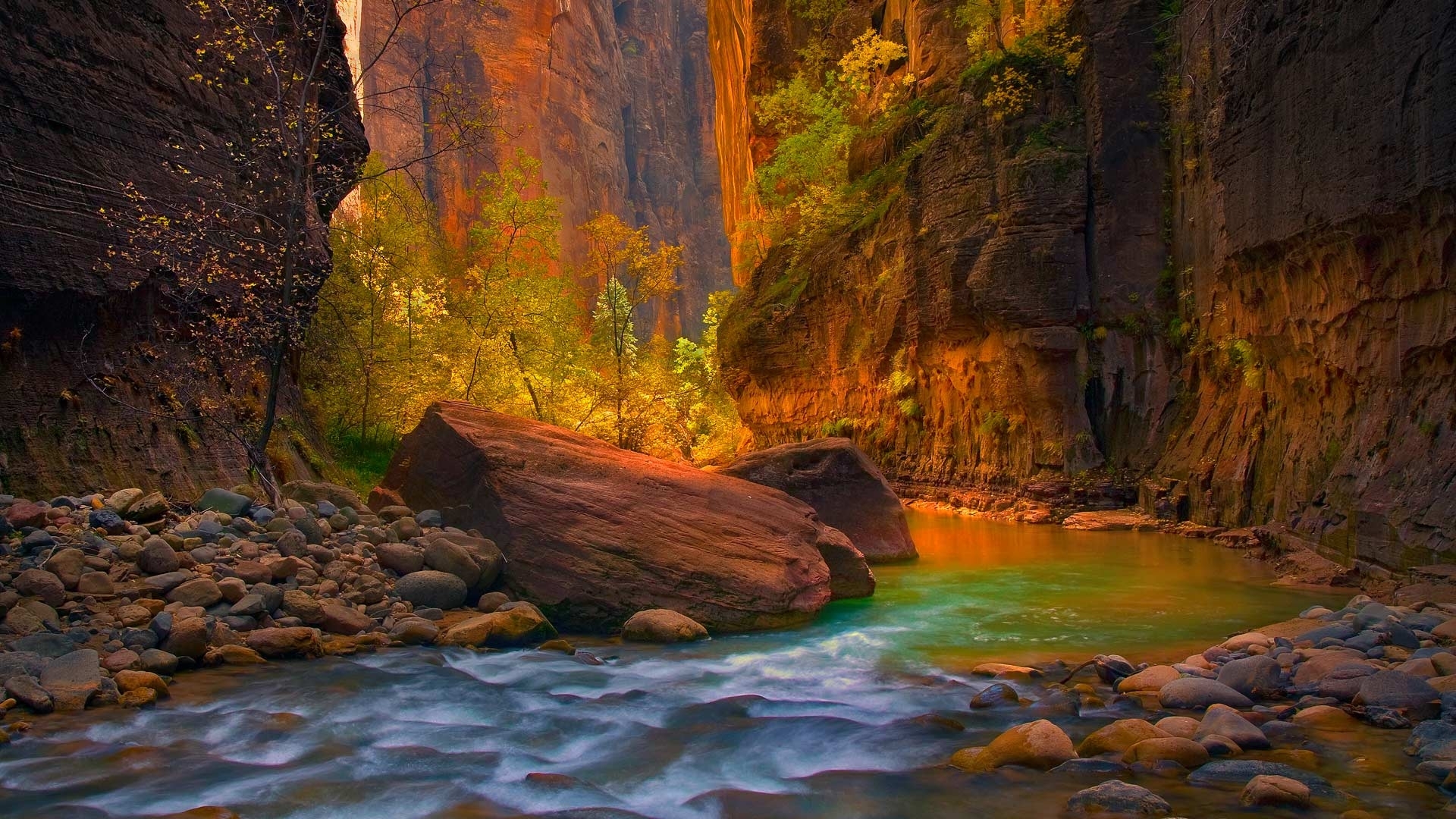 Autumn River Flowing Through a Rocky Canyon HD Wallpaper