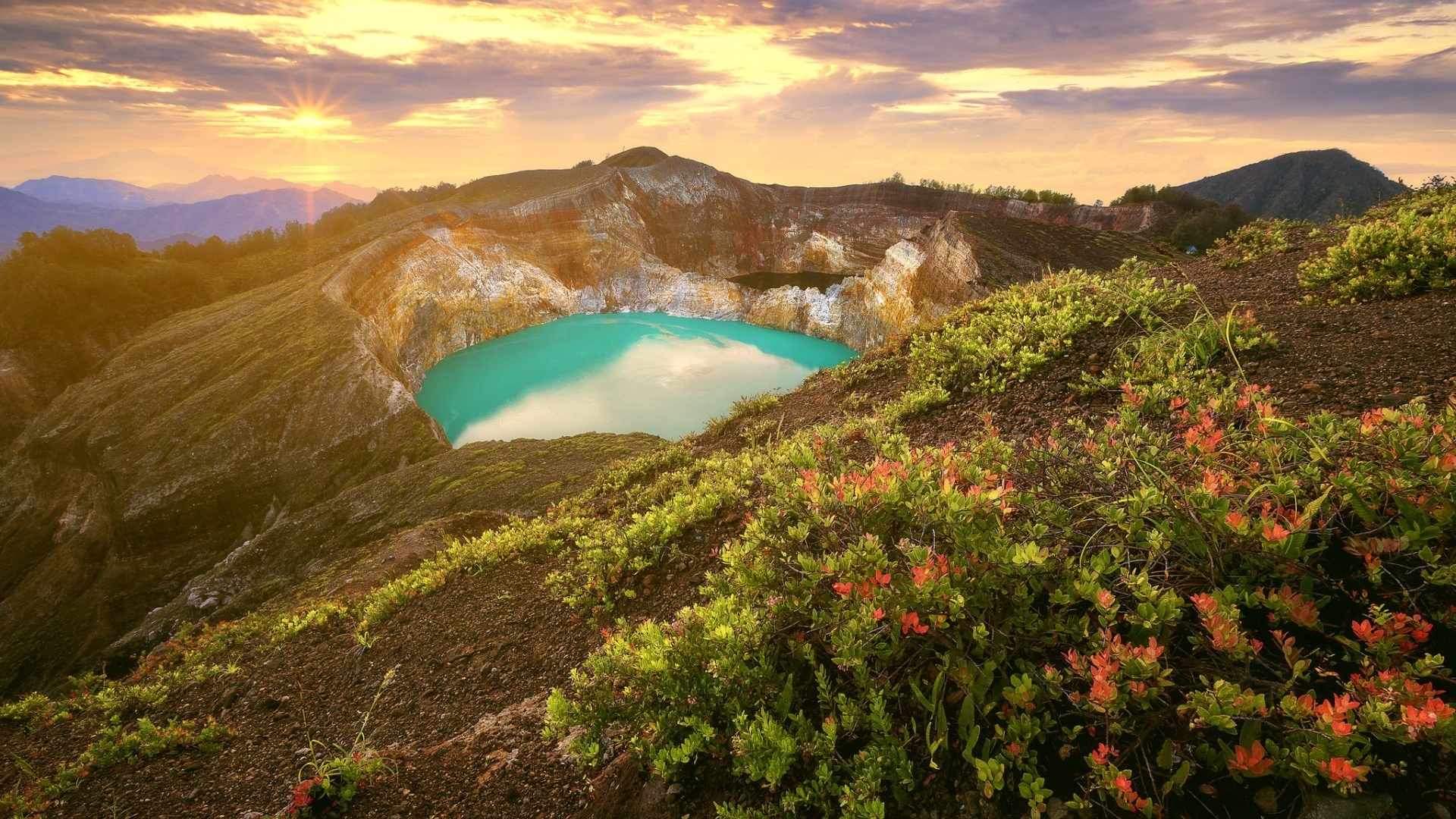 Sunlit Mountain Crater Lake in Spring HD Wallpaper