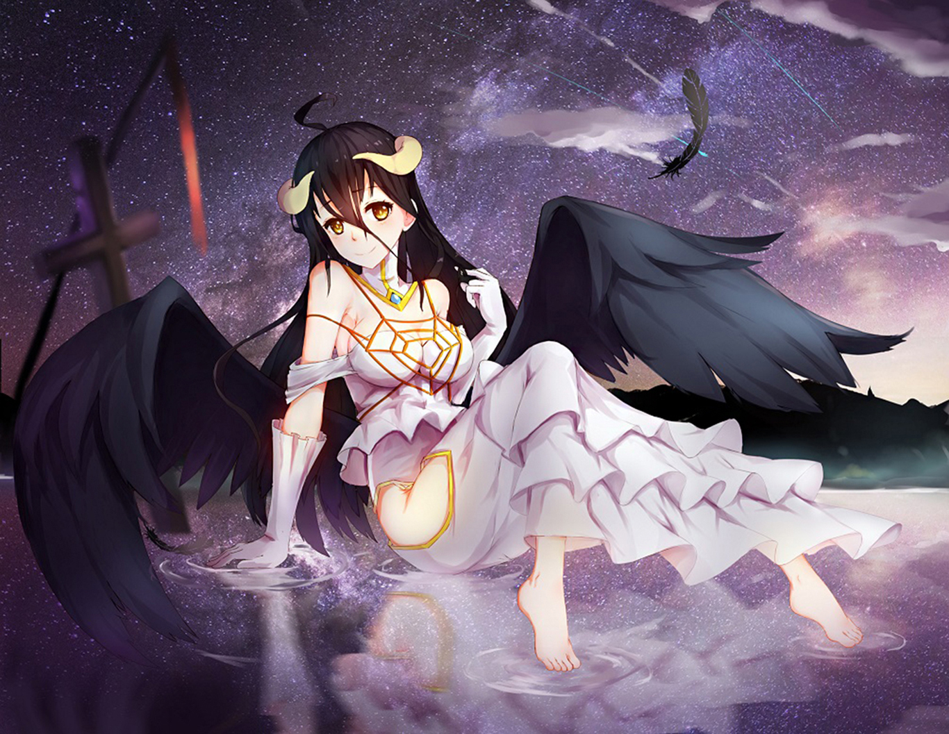 Albedo from Overlord sitting in water under starry sky HD Wallpaper