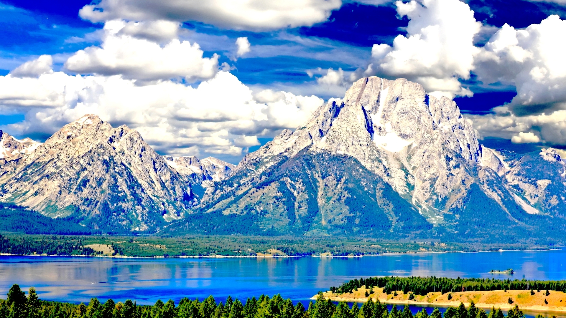 Mountains and Lake with Clouds HD Wallpaper
