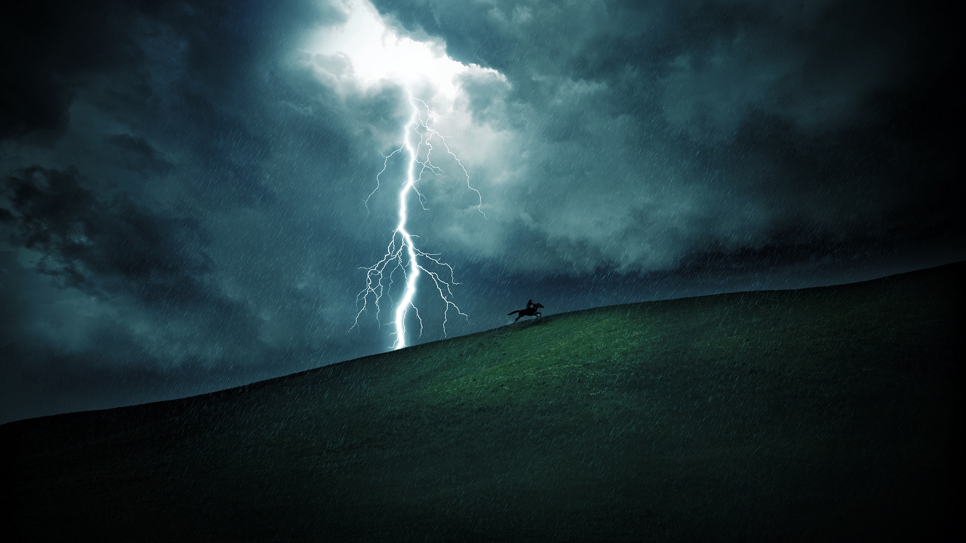 Horse rider on a hill during a lightning storm HD Wallpaper