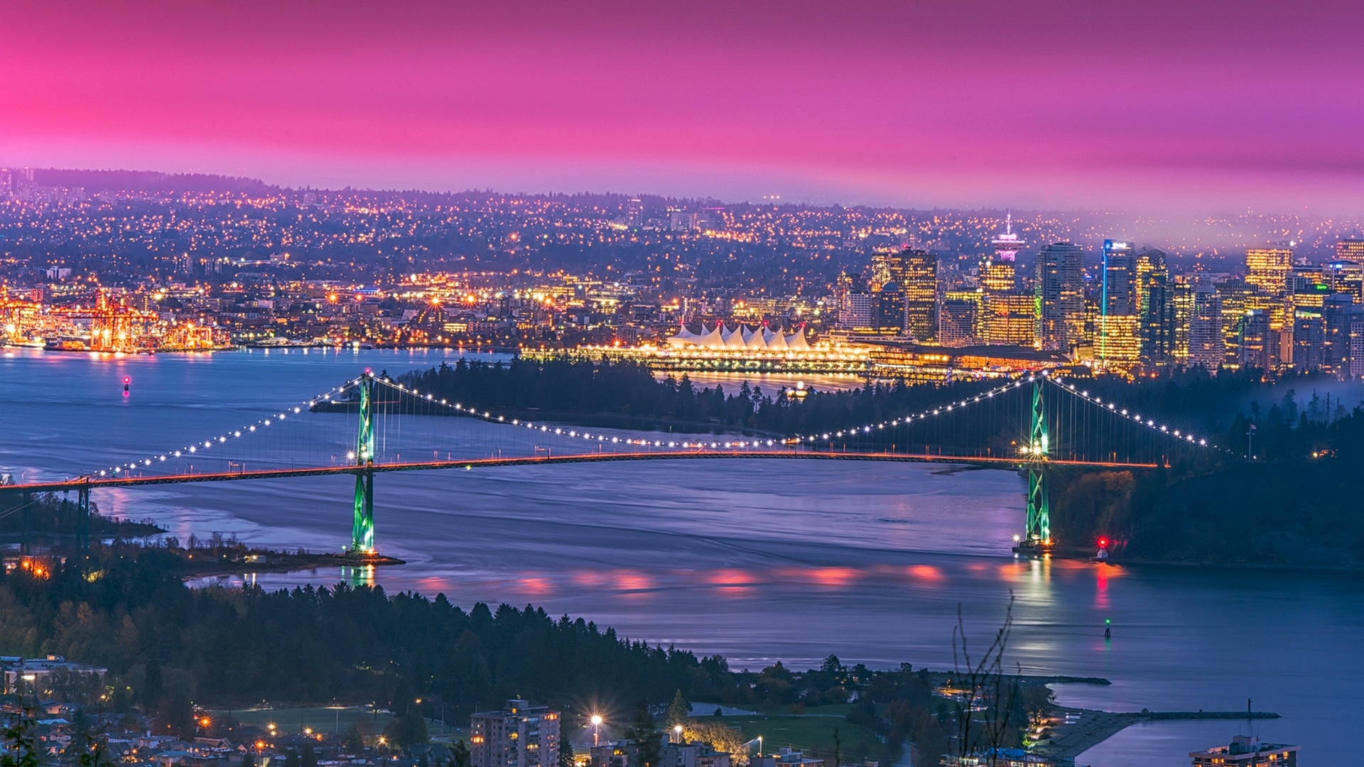 Vancouver cityscape with Lions Gate Bridge at sunset HD Wallpaper