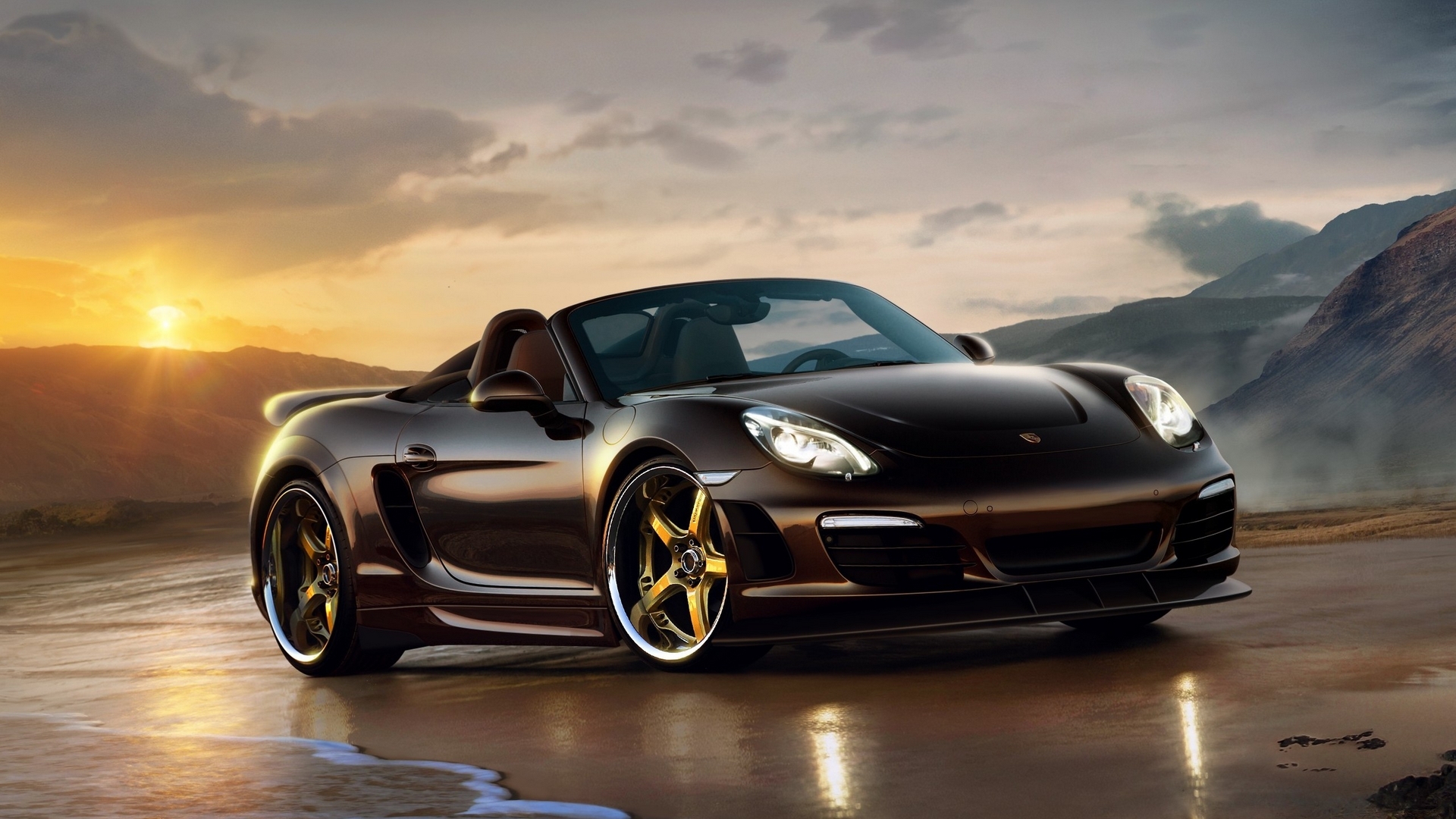 Brown Porsche Boxster convertible on a beach at sunset HD Wallpaper