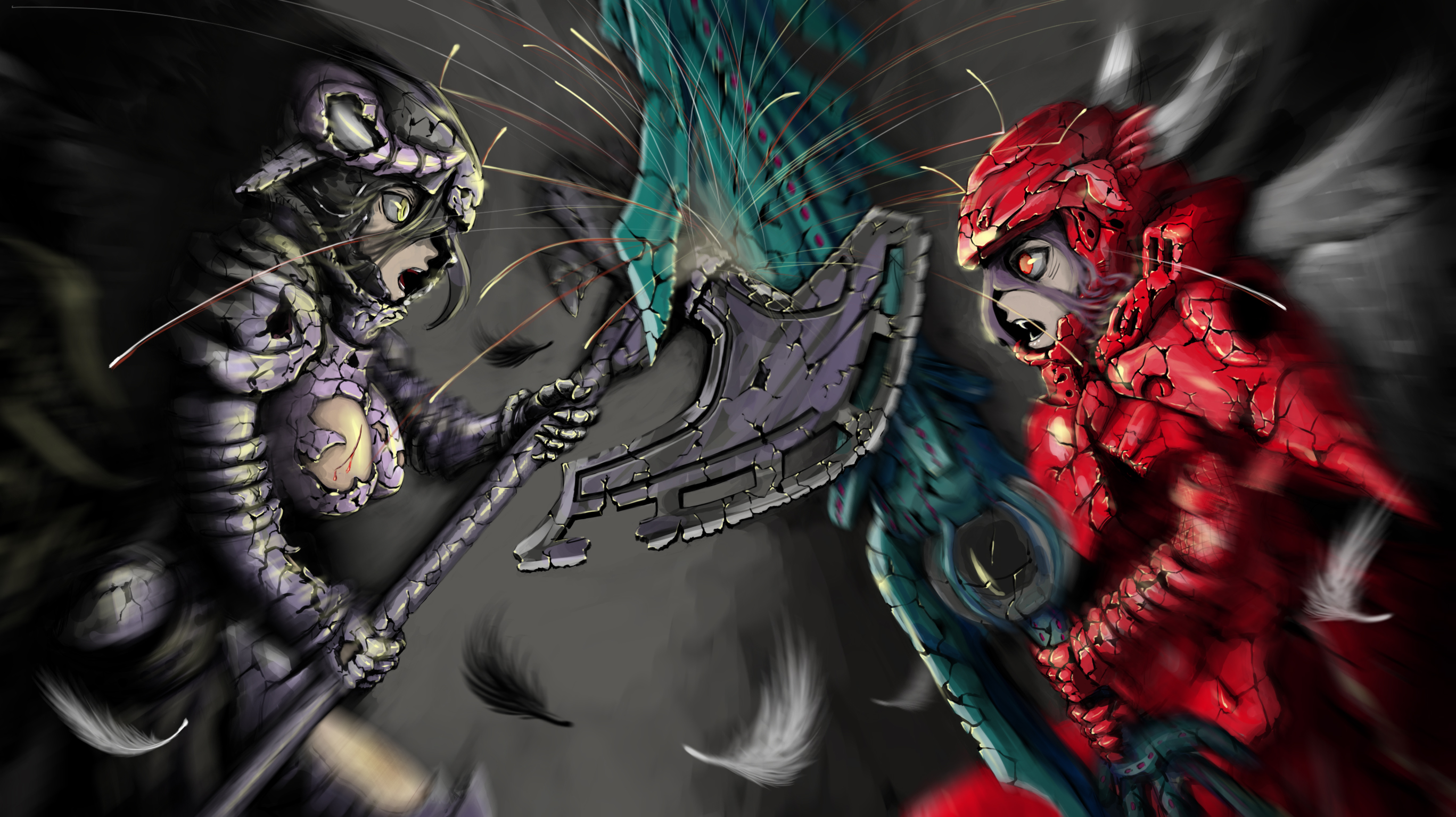 Two armored figures clash with axes HD Wallpaper