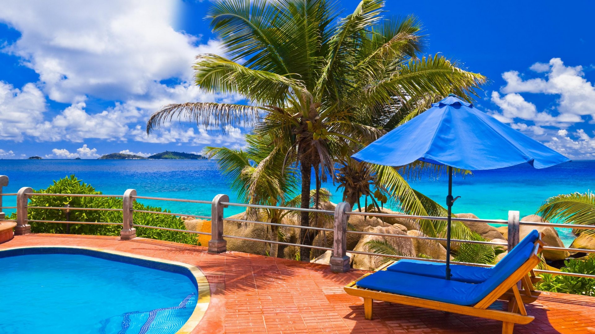 Tropical resort with swimming pool and ocean view HD Wallpaper
