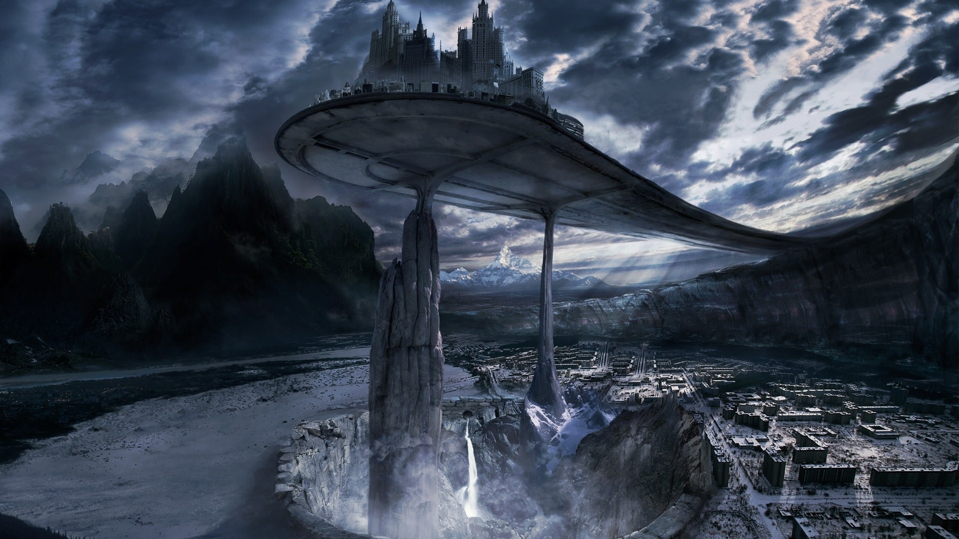 Digital painting of a futuristic city on a plateau HD Wallpaper