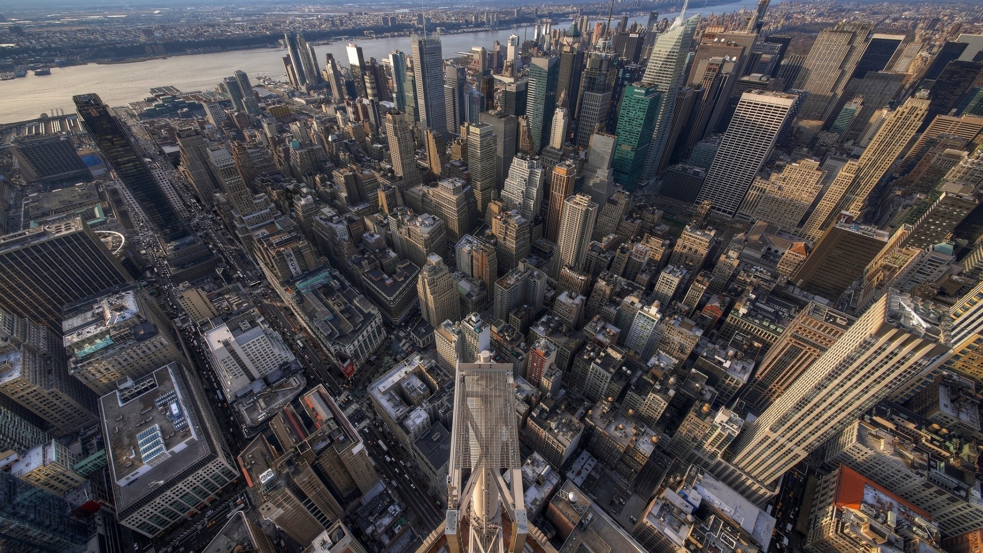 Aerial view of New York City skyscrapers and river HD Wallpaper