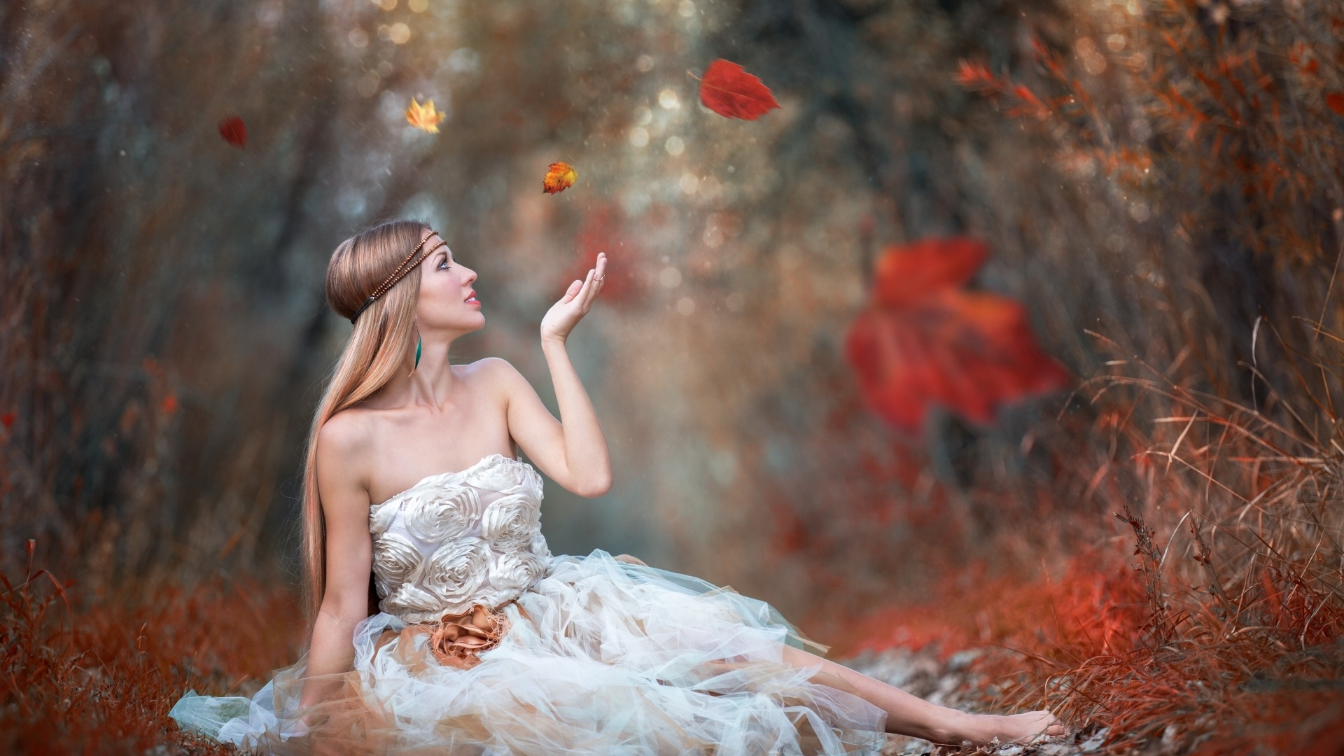 Woman in a white dress in autumn forest HD Wallpaper