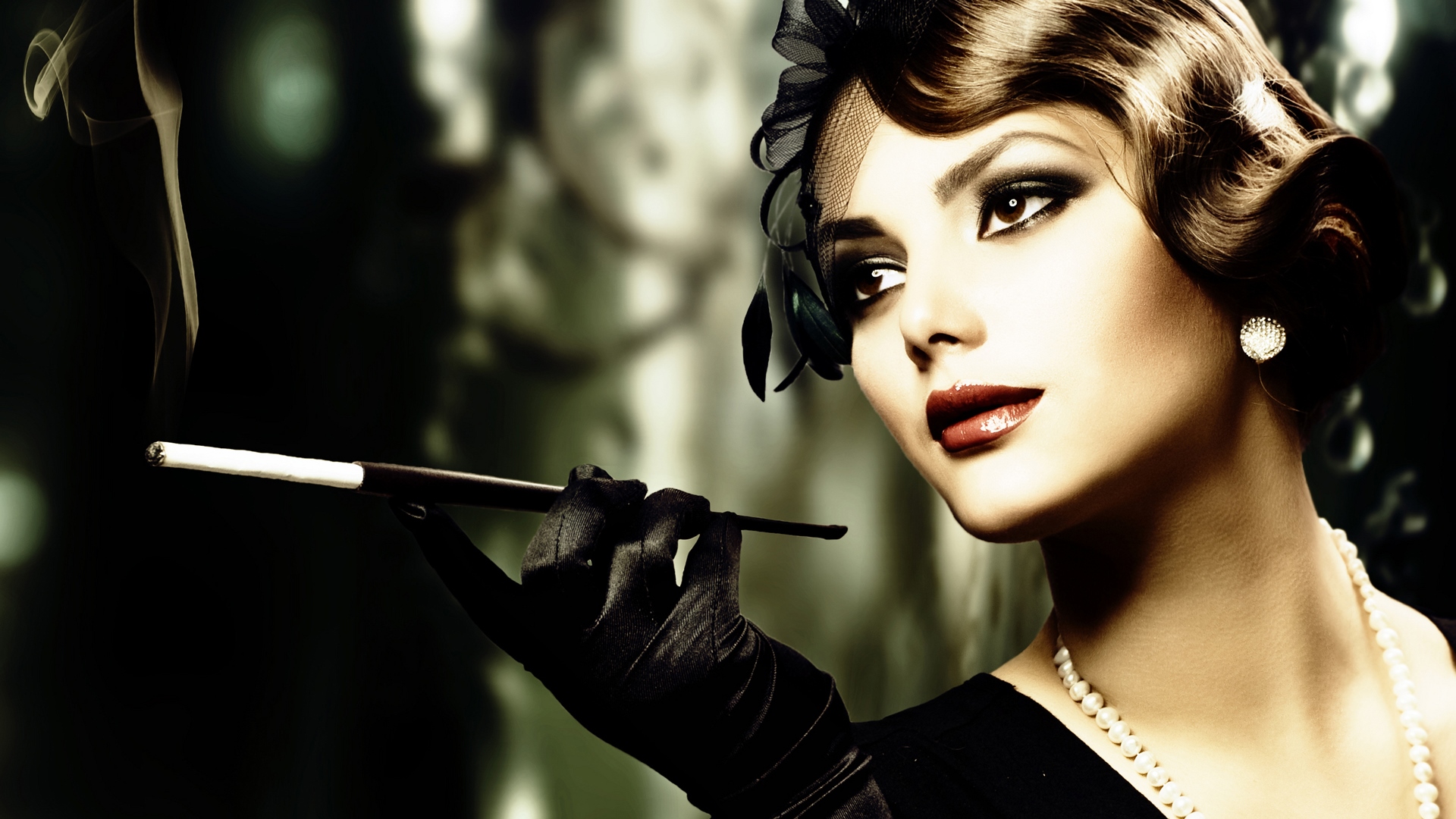 Woman in 1920s attire smoking a cigarette HD Wallpaper