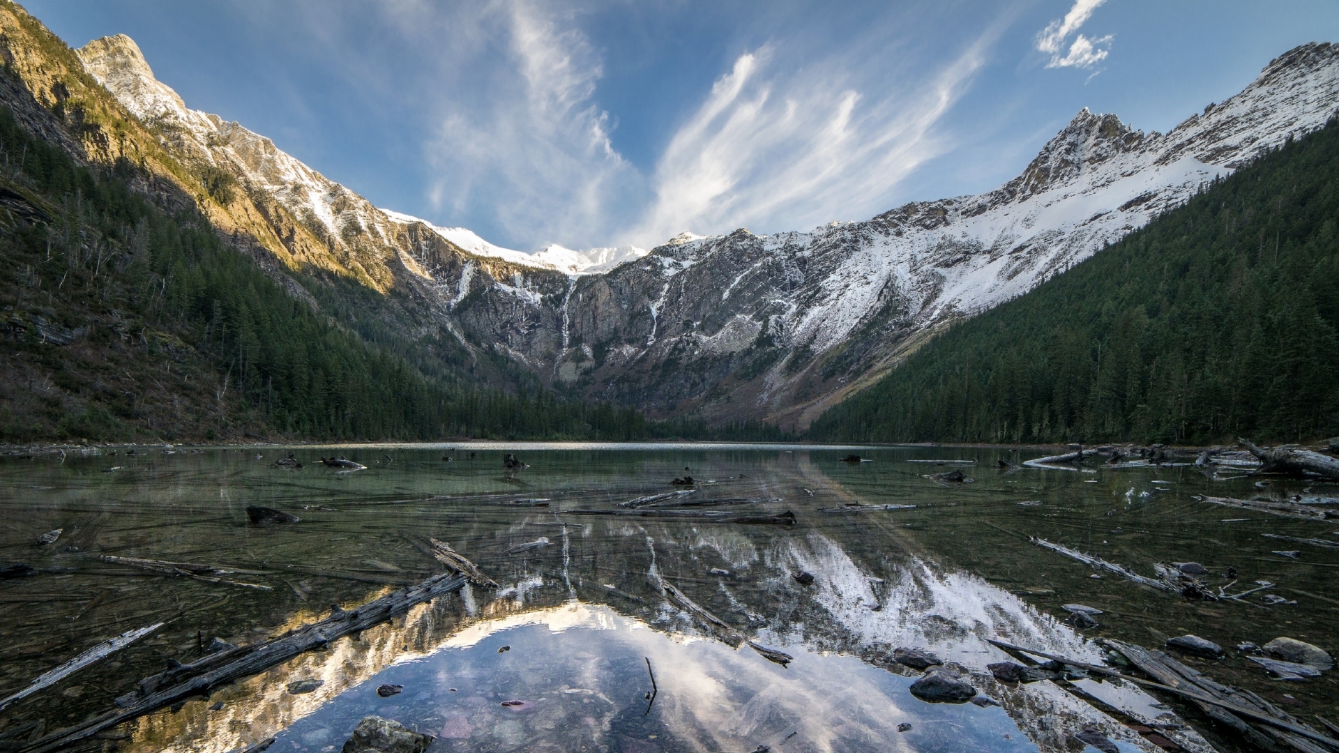 Snow-capped mountains reflected in a calm lake with fallen logs HD Wallpaper