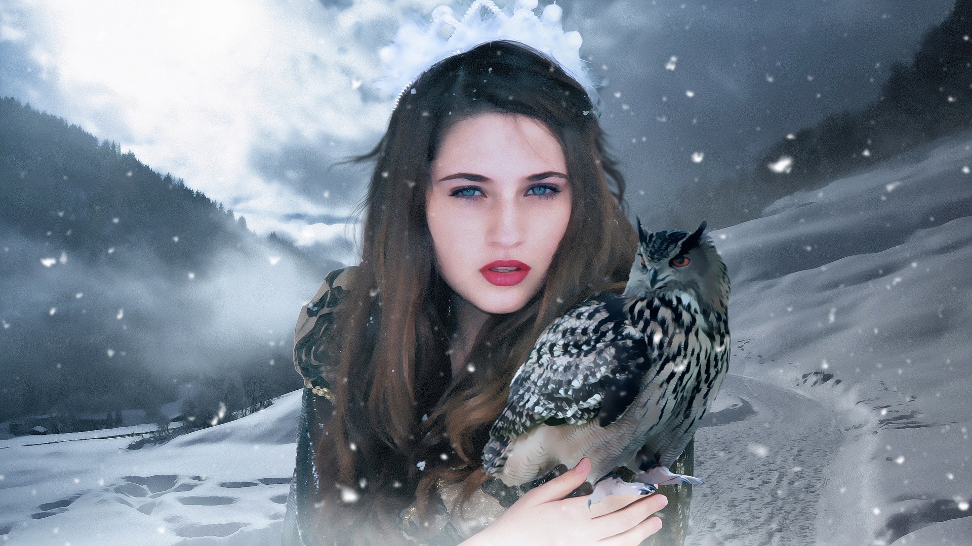 Girl with owl in snowy landscape HD Wallpaper
