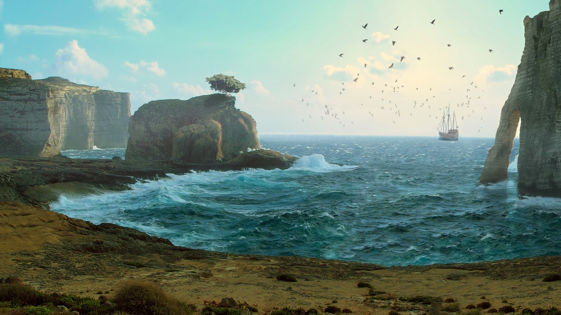 Sailboat sailing past rocky cliffs with birds flying HD Wallpaper