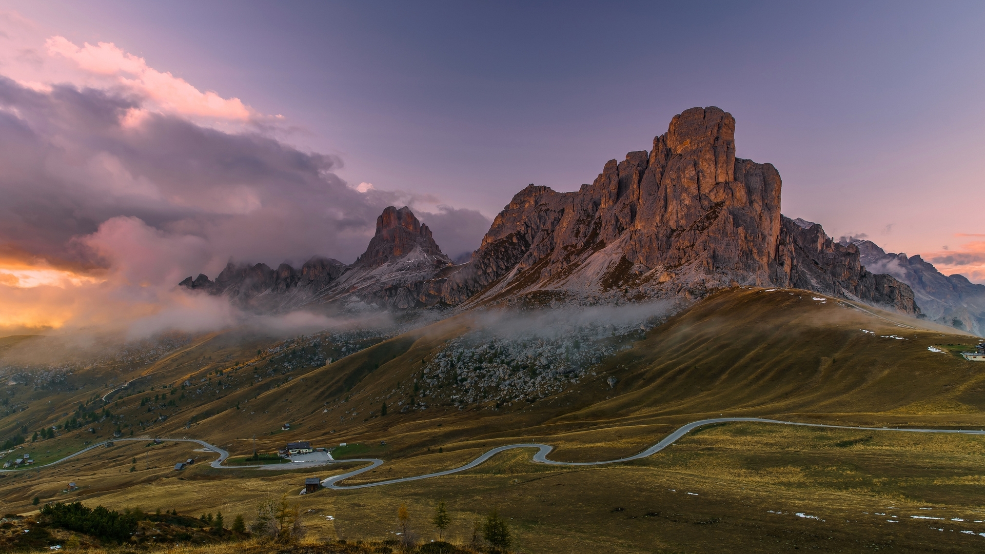 The Dolomites at Sunset with Winding Road HD Wallpaper