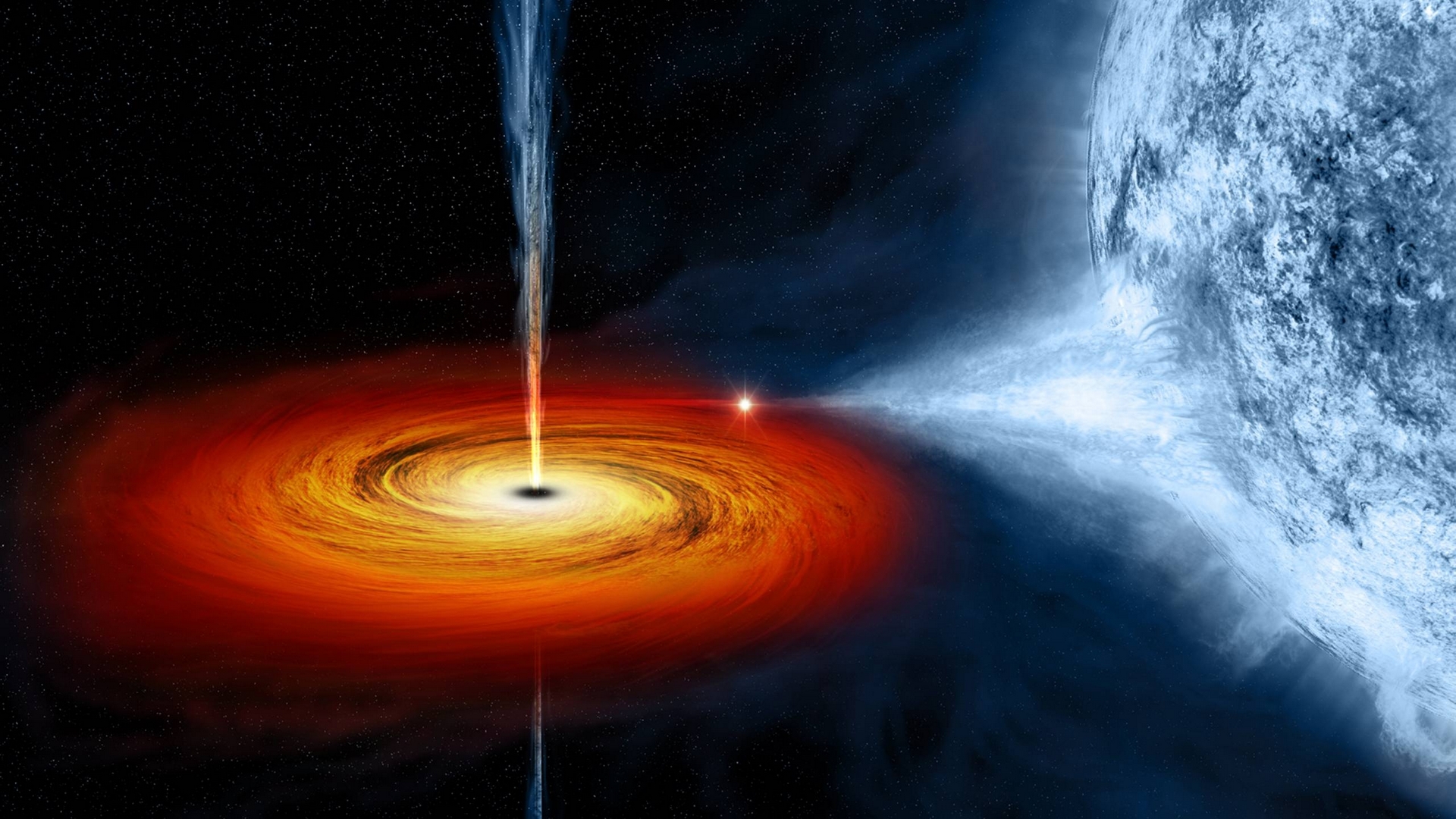 Black hole with accretion disk and jet, and a blue star HD Wallpaper