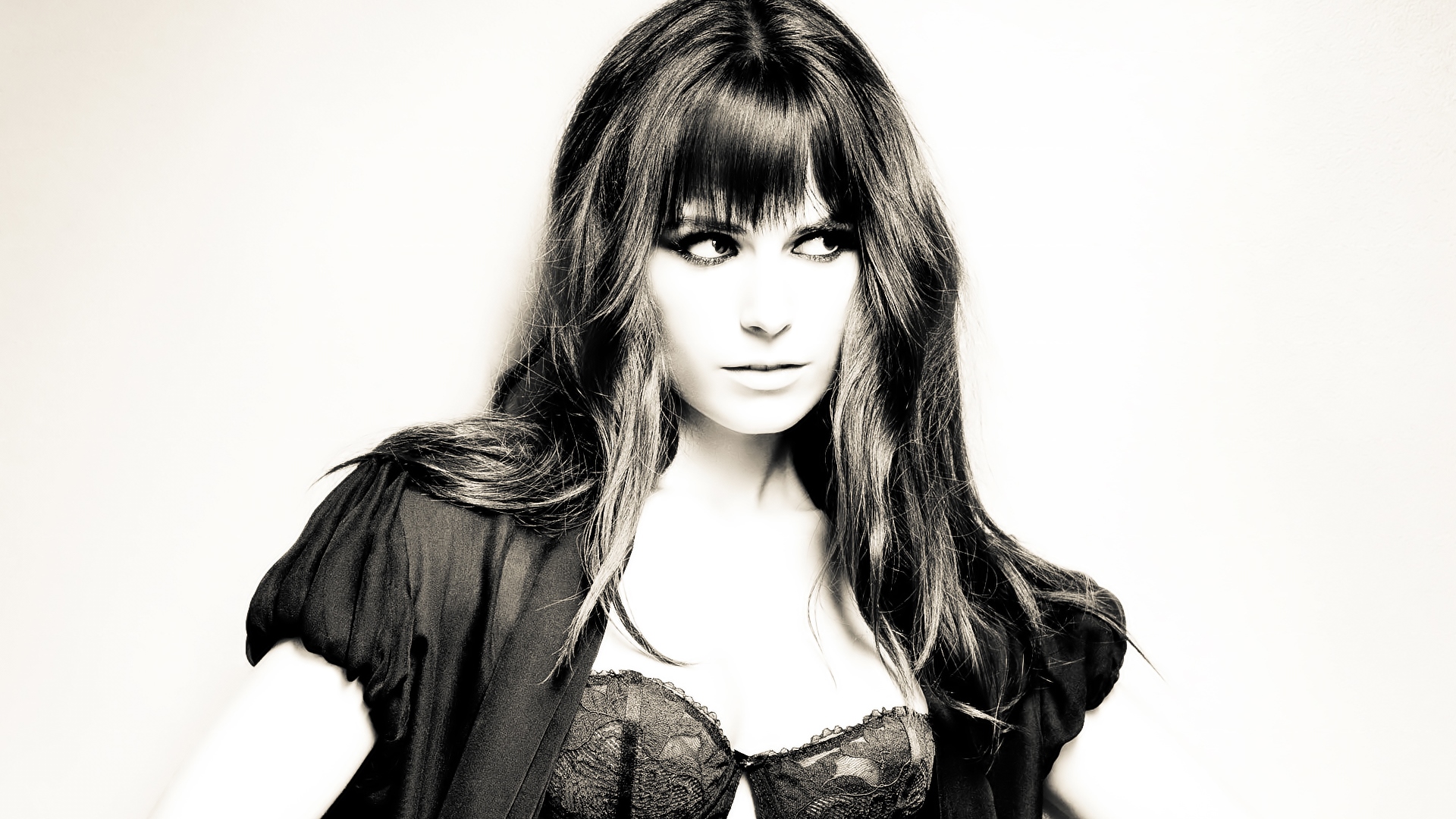 Model in black lingerie and robe HD Wallpaper