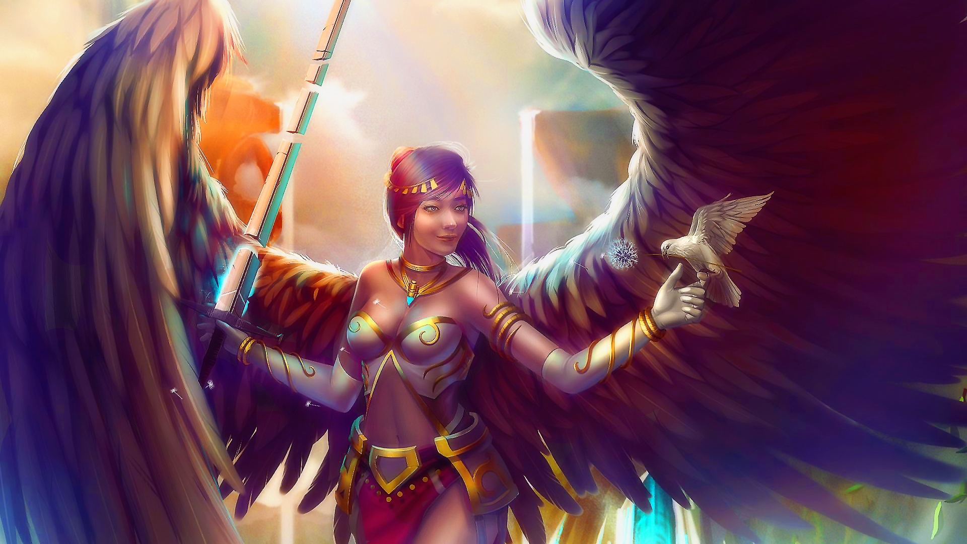 Angel with wings holding a dove and a broken sword HD Wallpaper