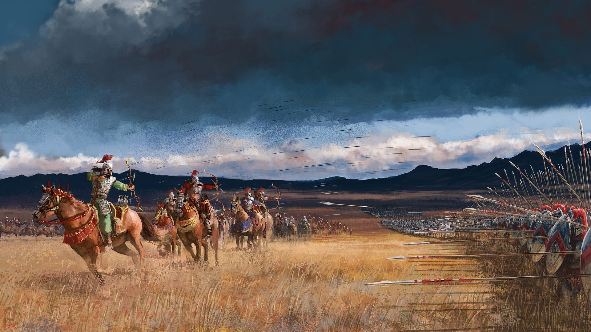 Fantasy battle scene with cavalry and infantry HD Wallpaper
