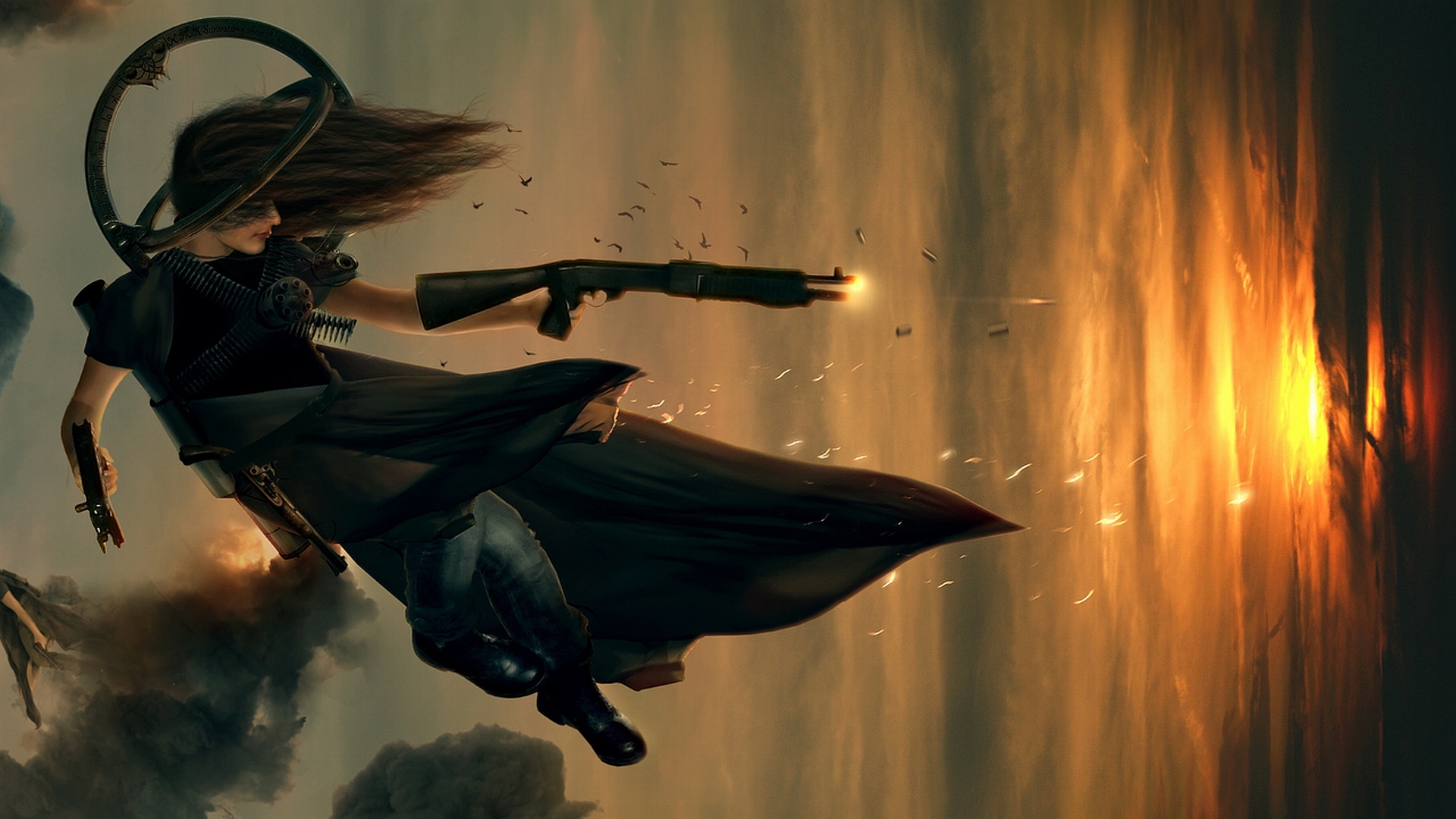 Woman with guns flying in the sky HD Wallpaper