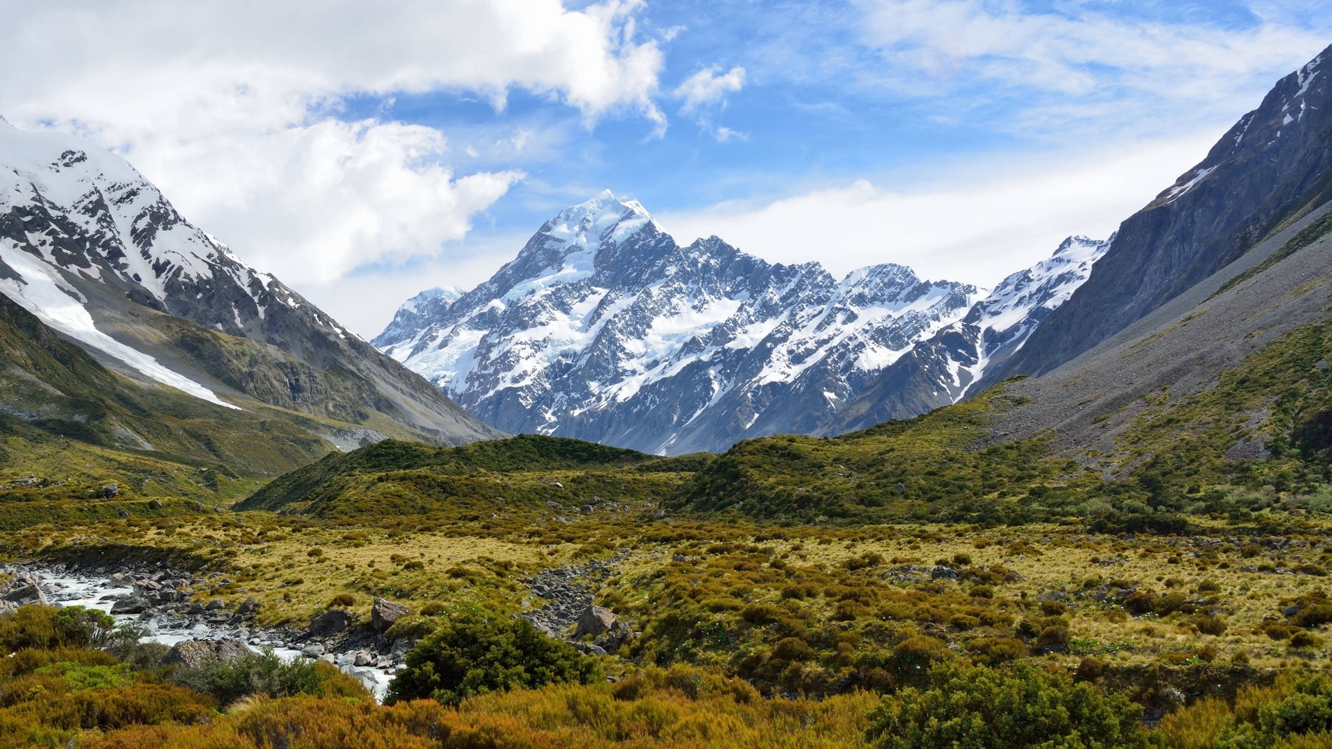 Snow-capped mountains and a river valley HD Wallpaper