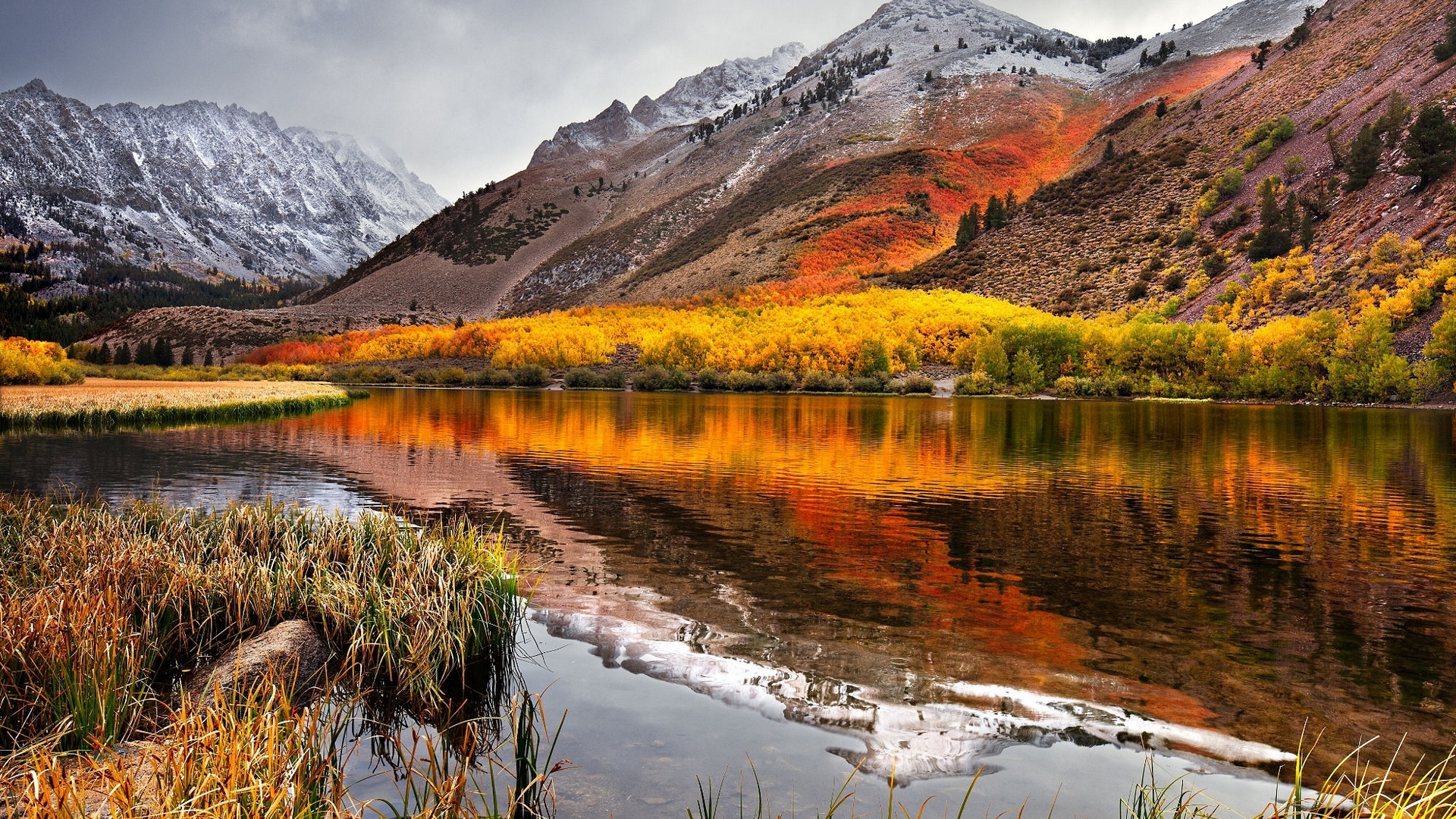 Autumn foliage reflects in a mountain lake under cloudy skies HD Wallpaper