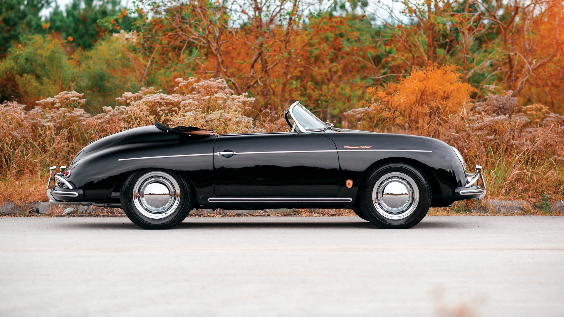 1958 Black Porsche 356 Convertible in Autumn HD Wallpaper