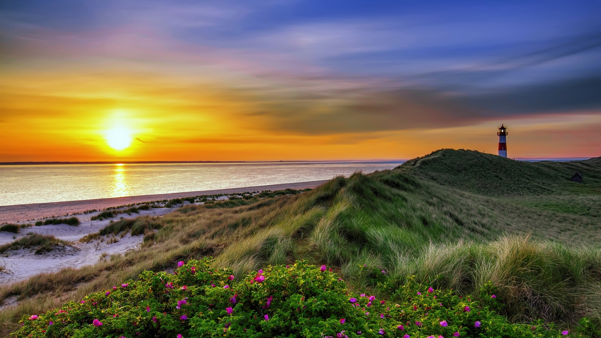 Sunrise over the sea with a lighthouse on a grassy dune HD Wallpaper