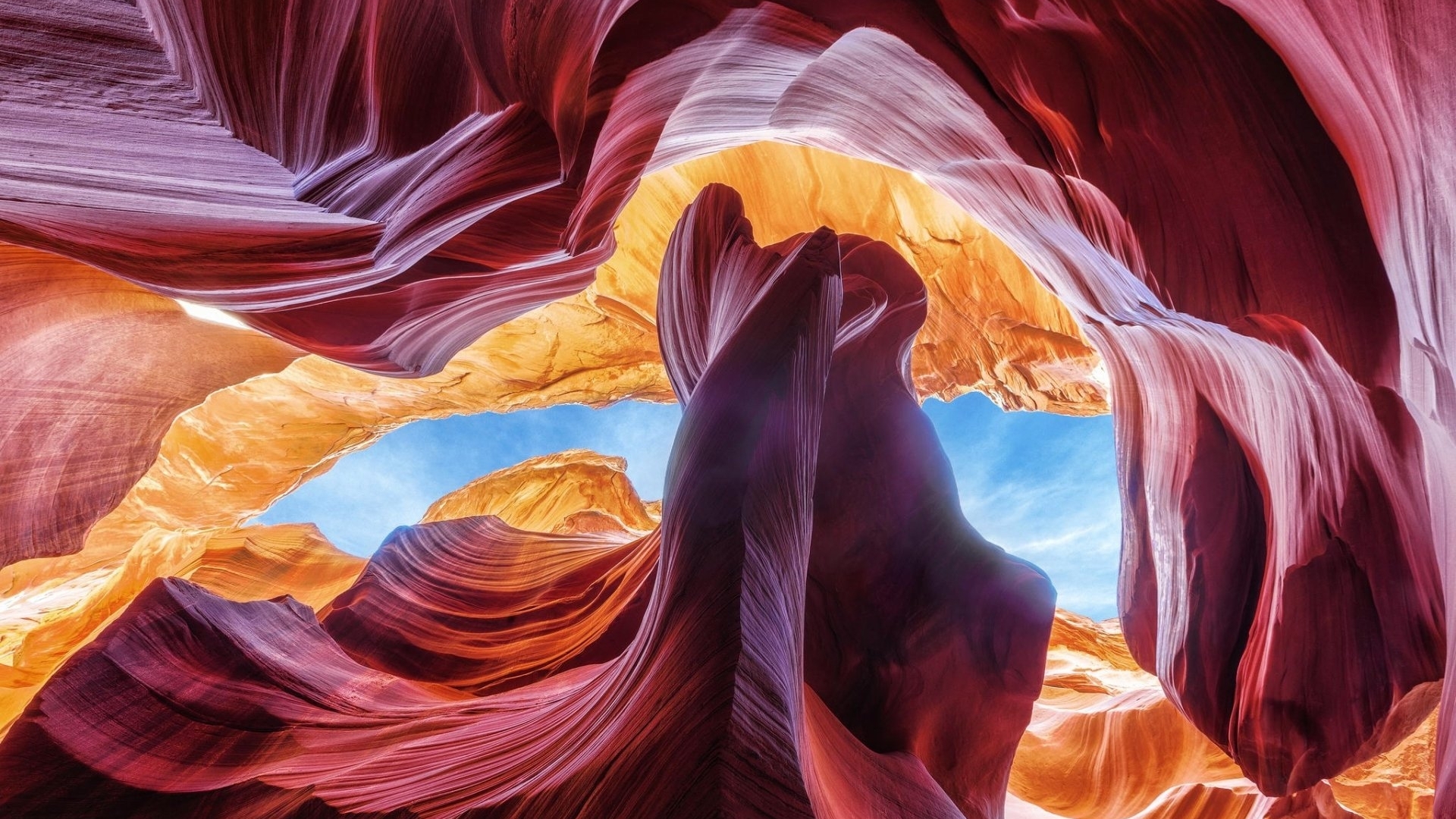 Antelope Canyon sandstone formations and blue sky HD Wallpaper