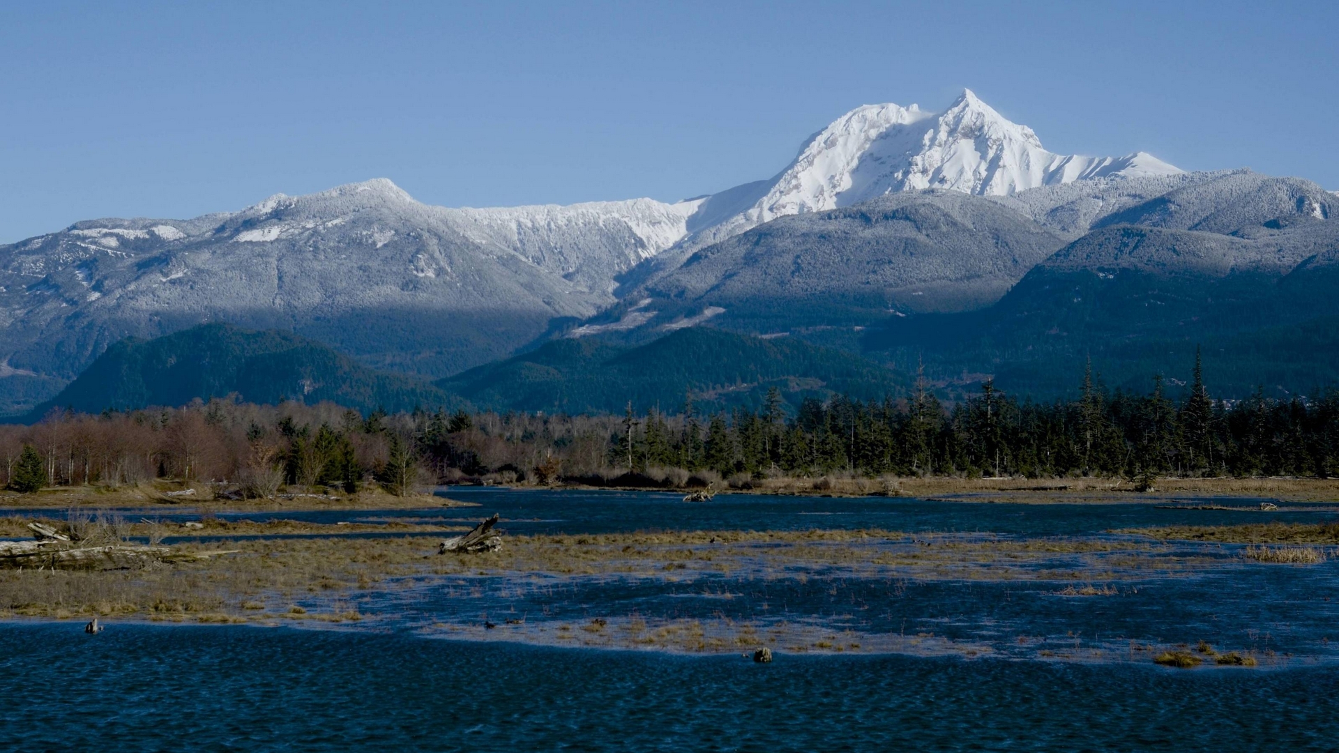 Snow-capped mountains over a lake and forest HD Wallpaper
