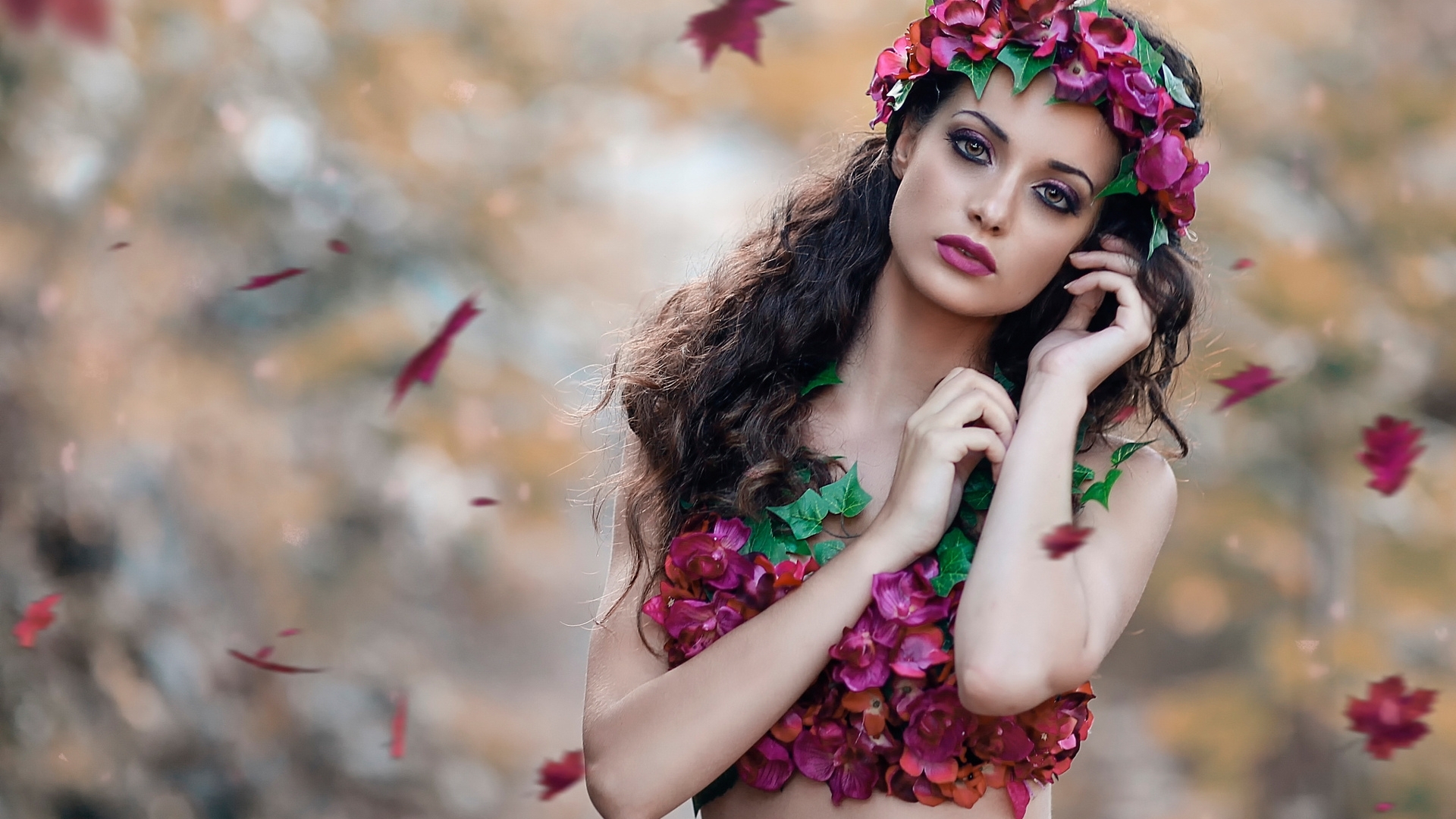 Woman with flower crown and floral outfit HD Wallpaper