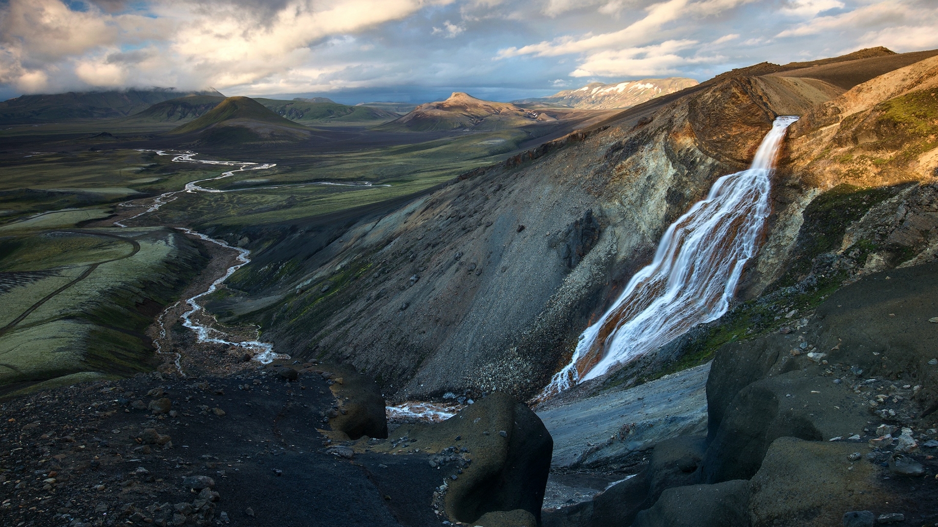 Waterfall flowing down a mountain in Iceland HD Wallpaper