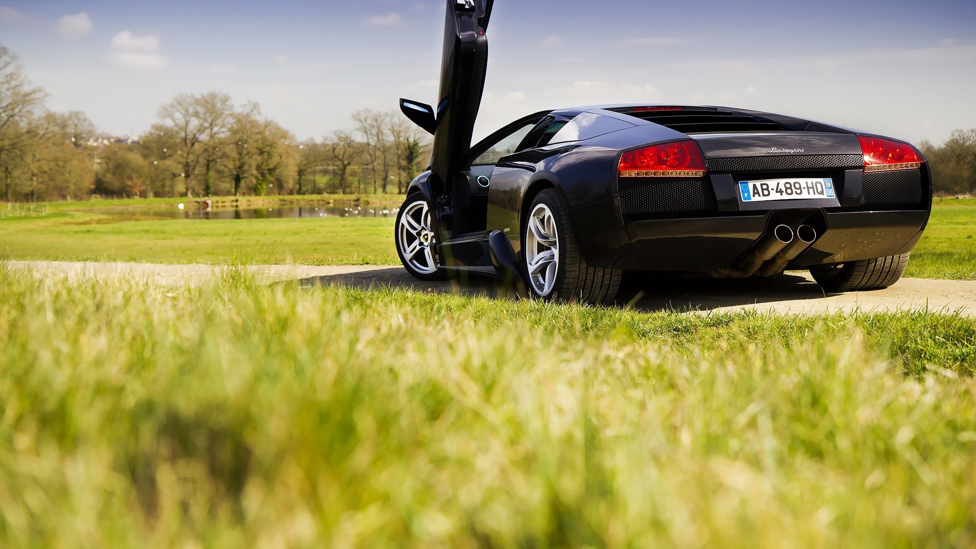 Black Lamborghini Murcielago with Scissor Doors on Grass Field HD Wallpaper