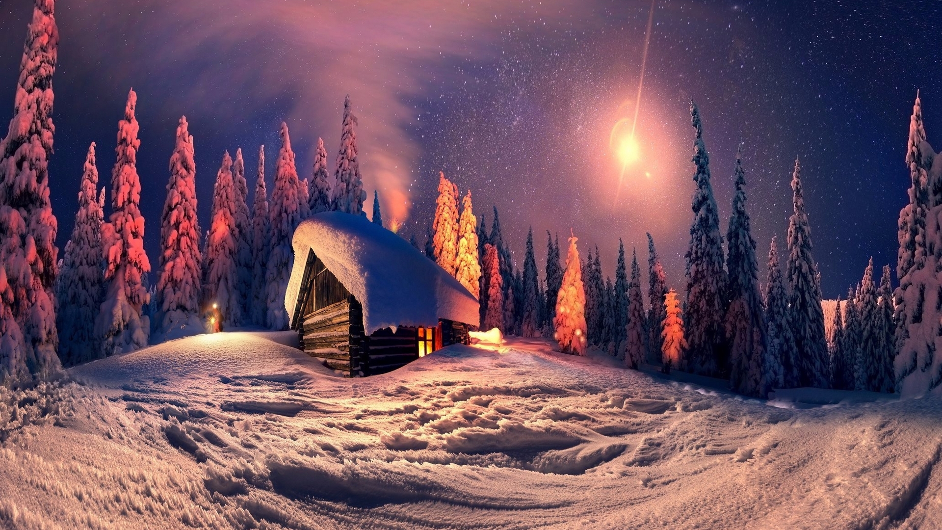 Snowy cottage at night with starry sky HD Wallpaper