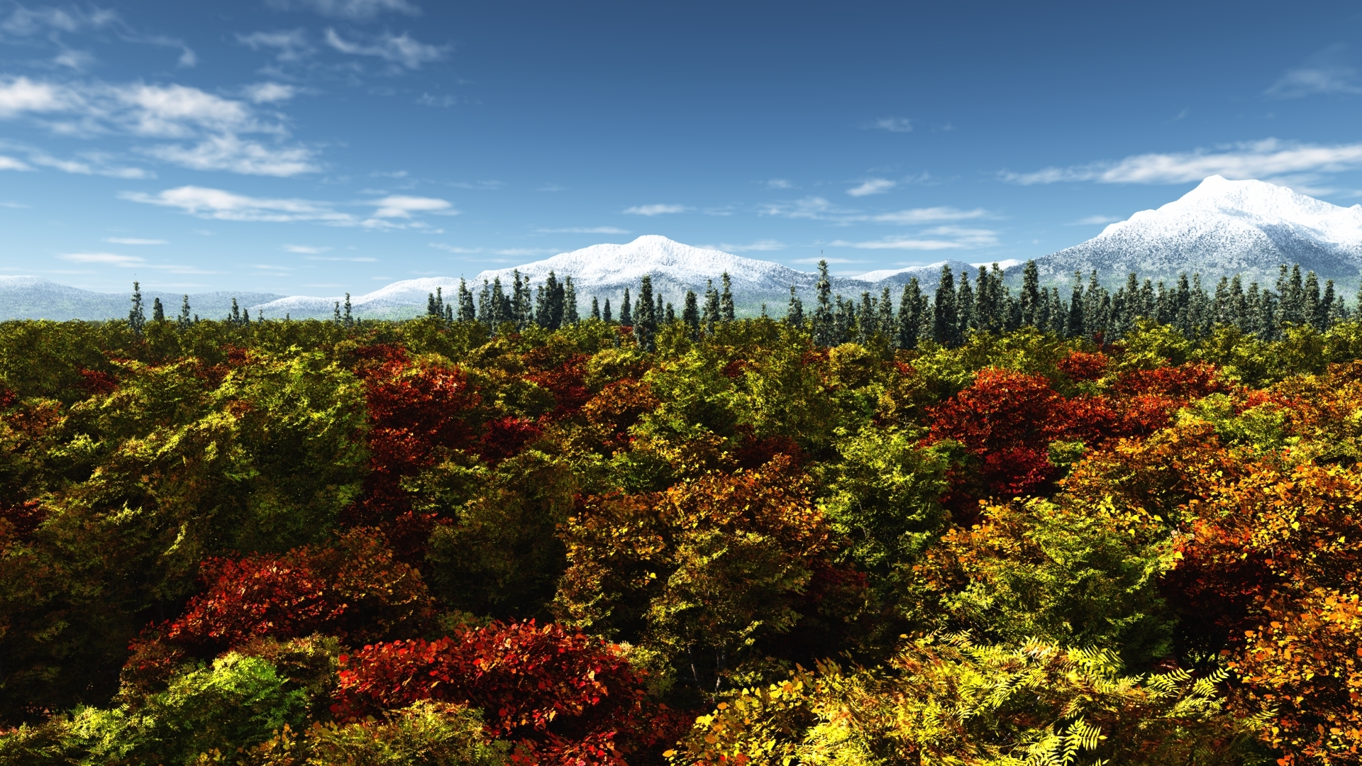 Autumn forest with snow-capped mountains under a blue sky HD Wallpaper