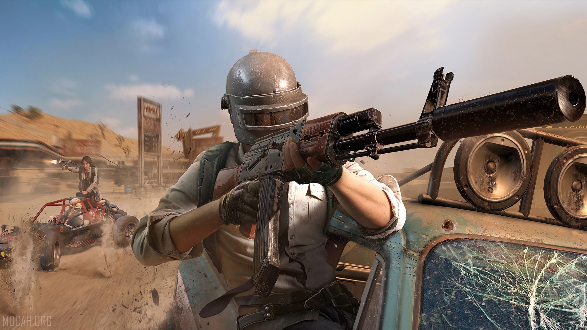 PUBG desert combat with helmeted player and buggy HD Wallpaper
