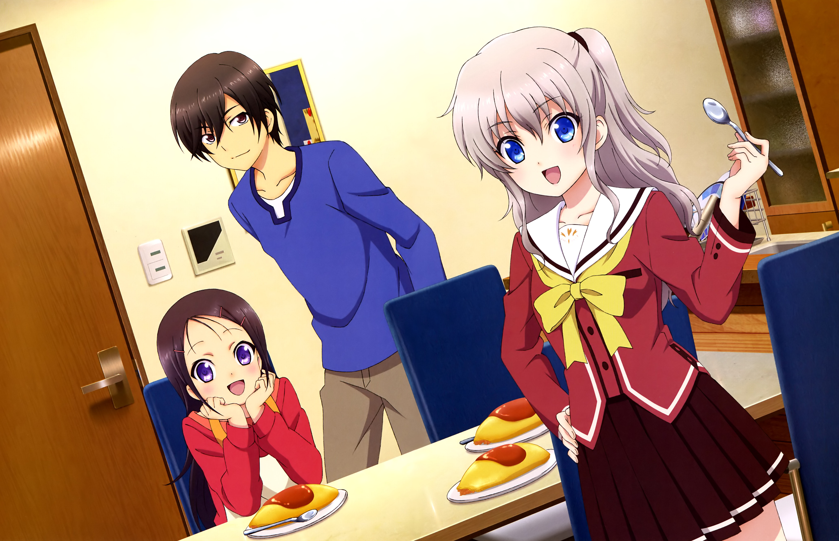 Nao Tomori and friends eating omelet rice HD Wallpaper