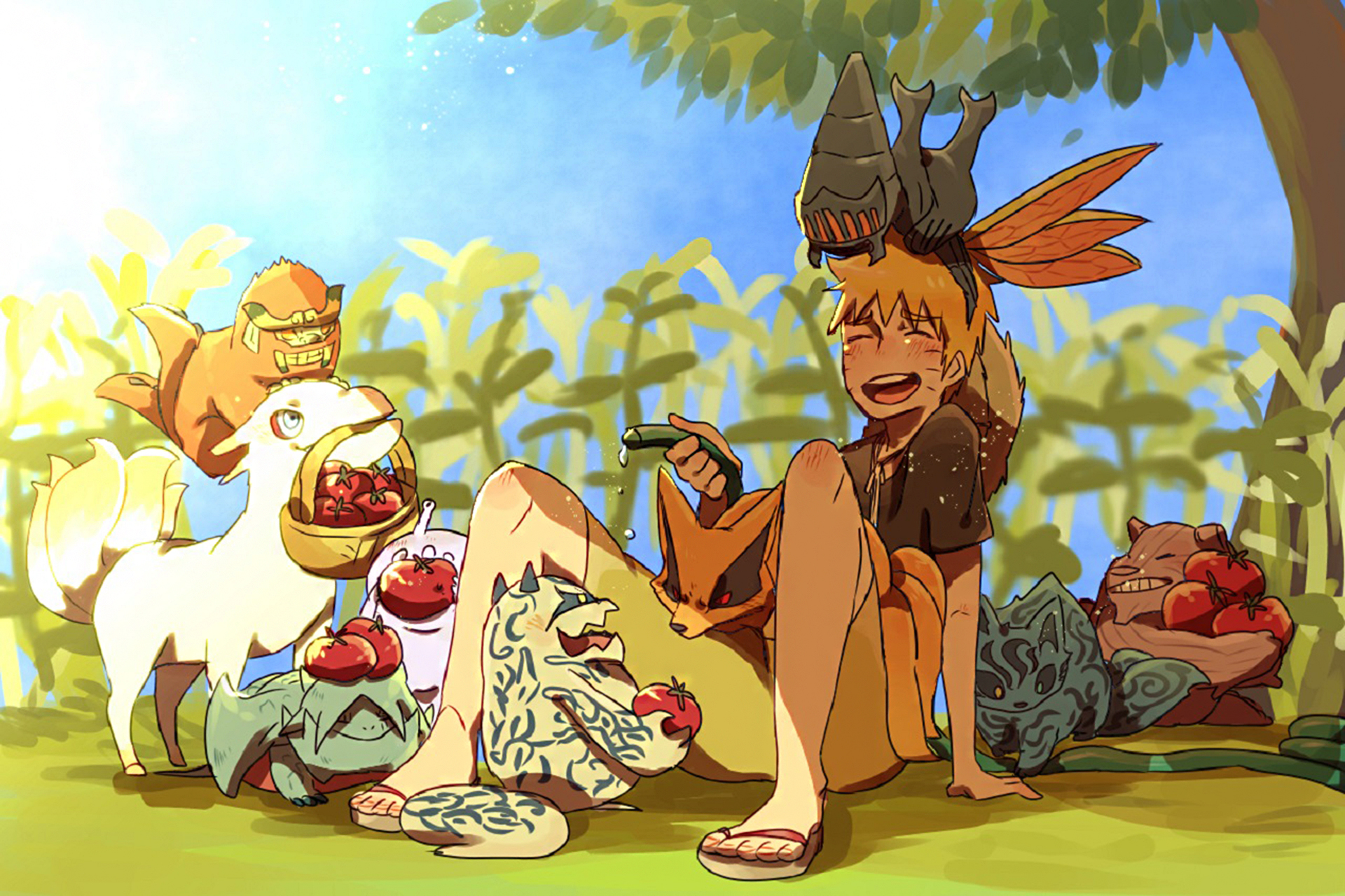 Naruto and Pokémon in a field HD Wallpaper