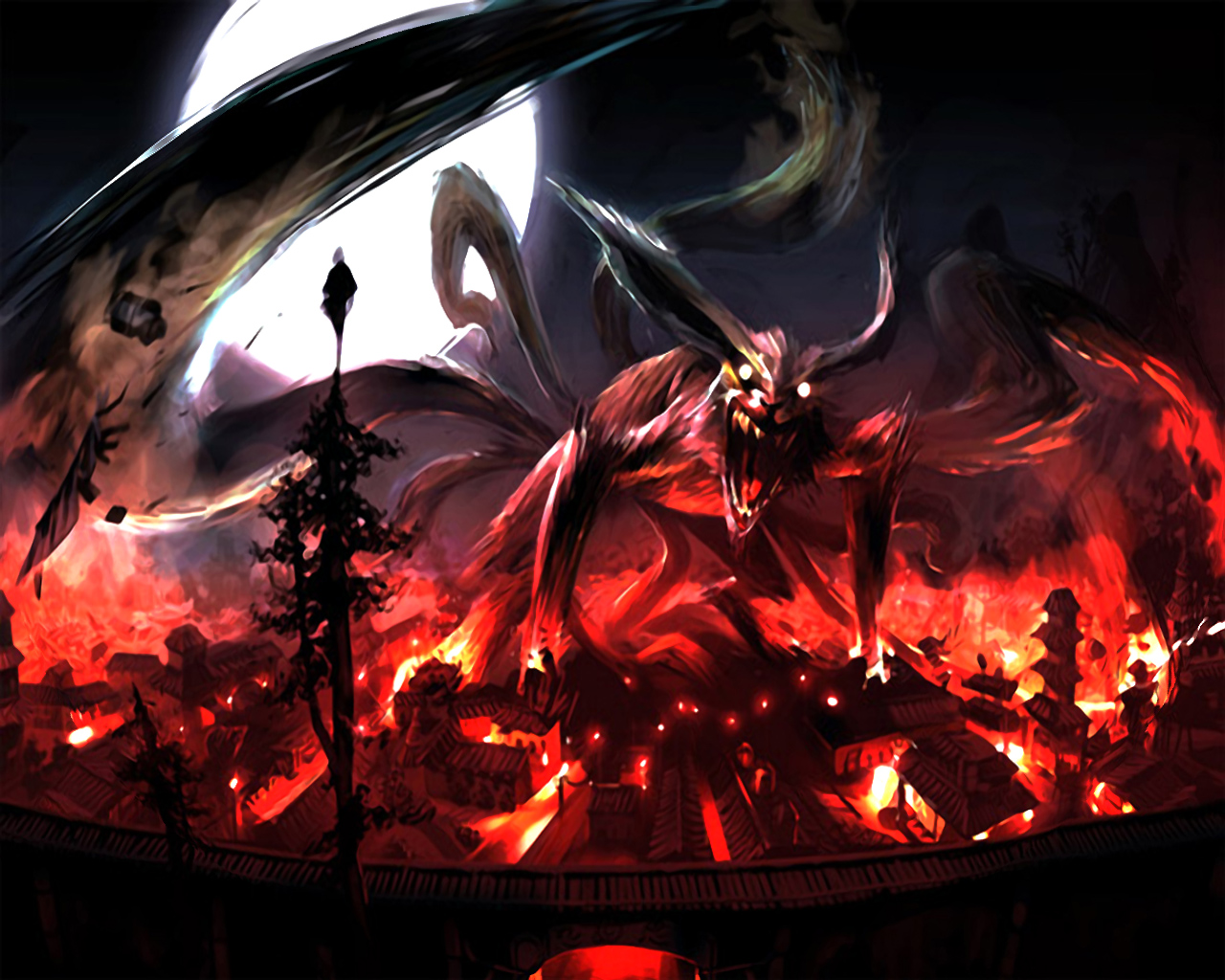 Kurama from Naruto destroying a village HD Wallpaper