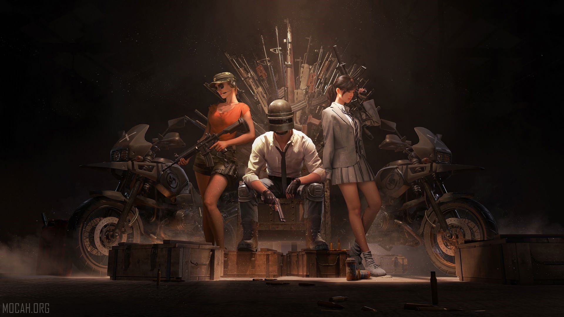 PUBG trio on weapon throne with motorcycles HD Wallpaper