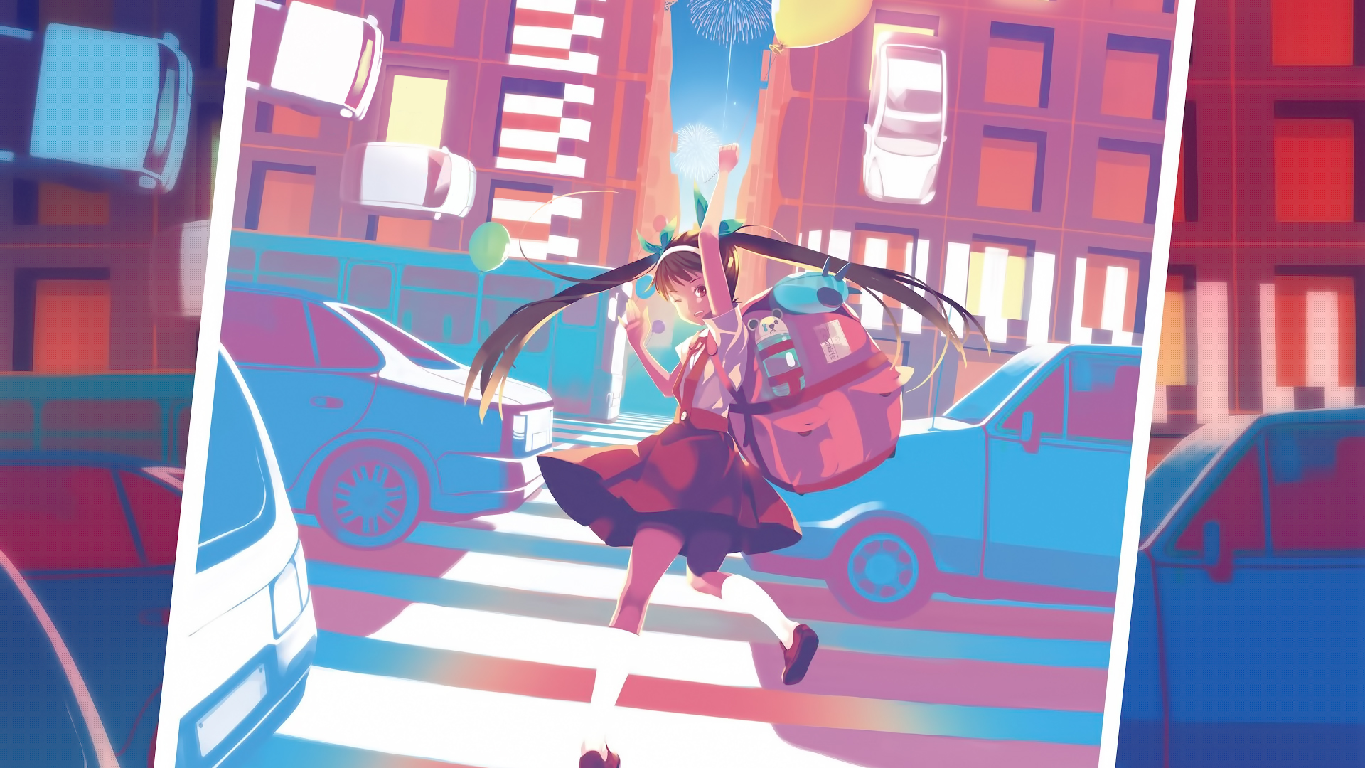 Mayoi Hachikuji in a city with cars and fireworks HD Wallpaper